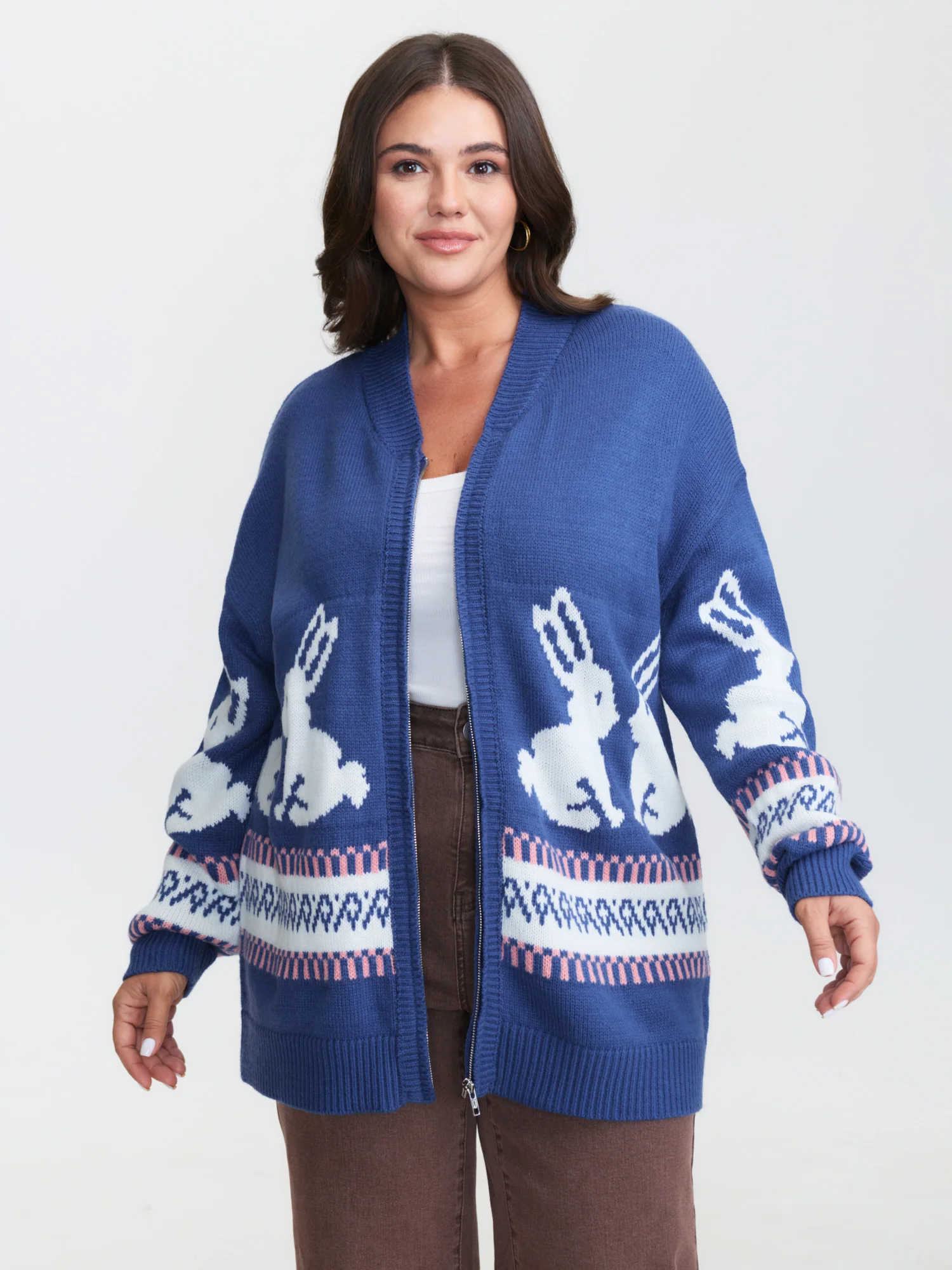 Rabbit Pattern Zipper Baseball Collar Knit Cardigan