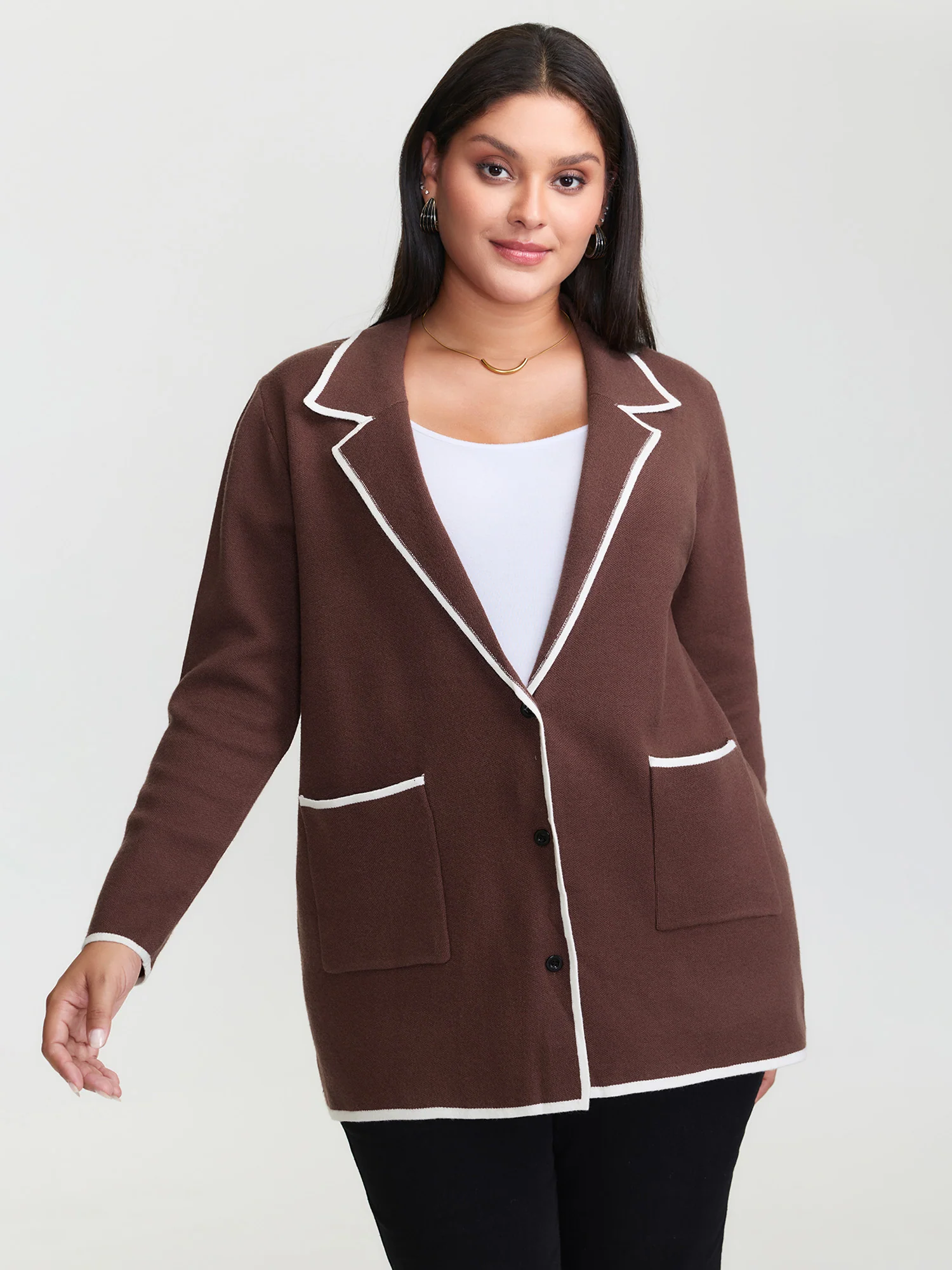 Suit Collar Color Contrast Pockets Knit Cardigan