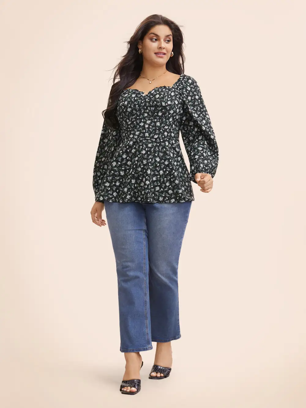 Heart Neckline Ditsy Floral Shirred Blouse
