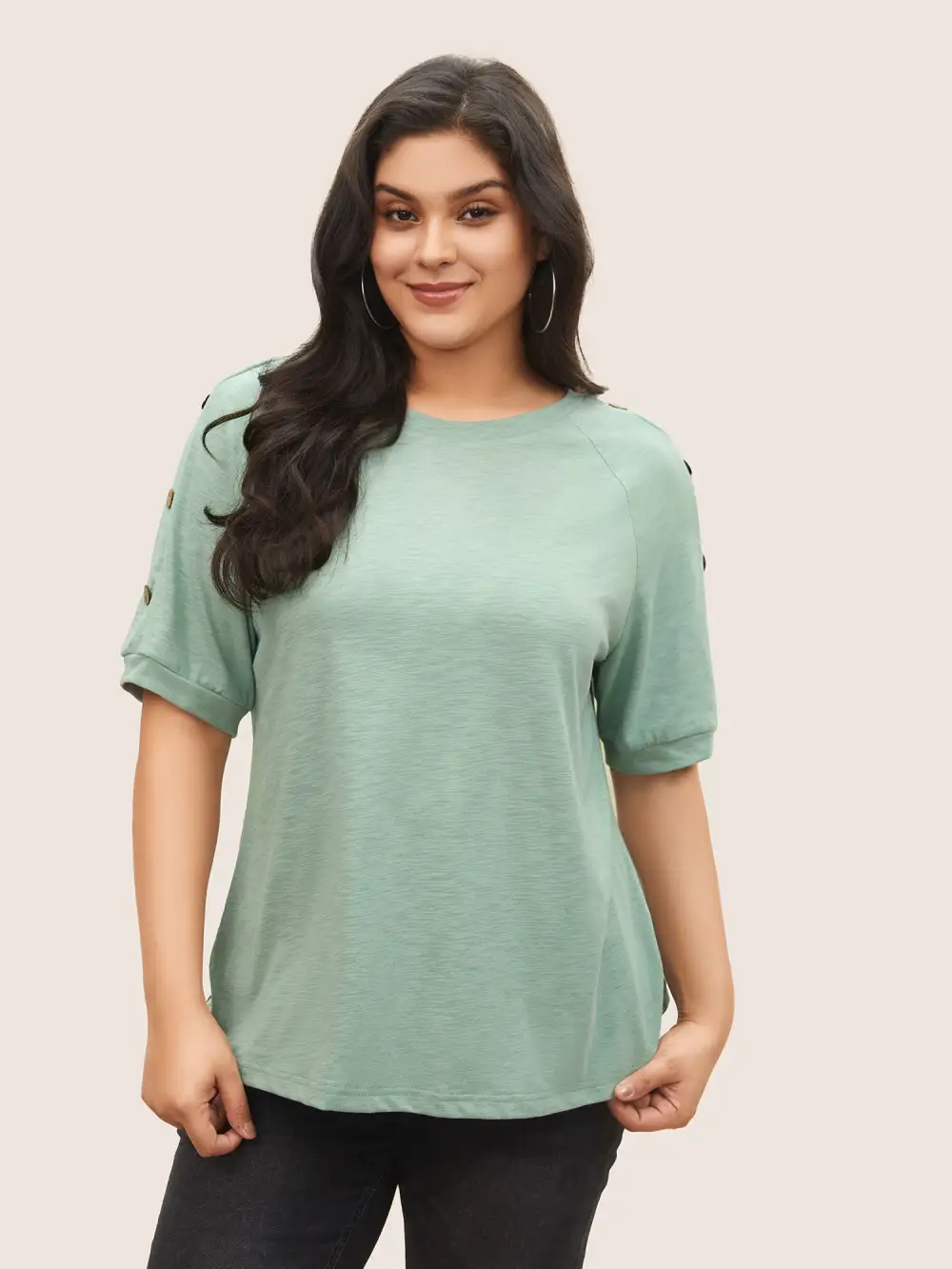 Plain Button Detail Raglan Sleeve T-Shirt