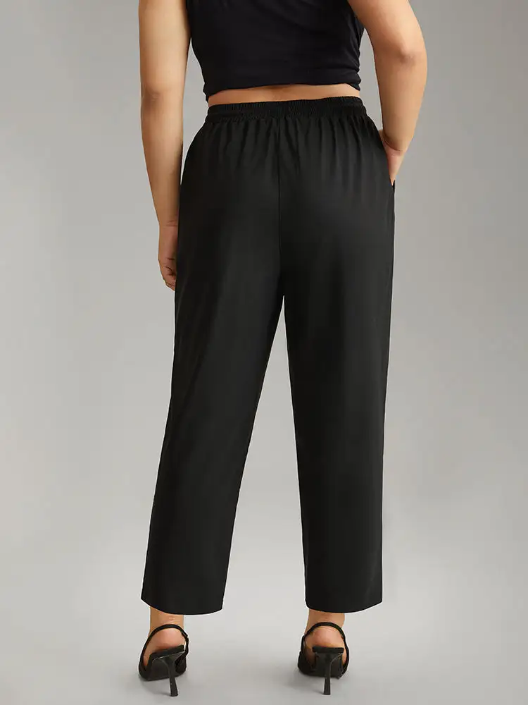 Solid Drawstring Pocket Elastic Waist Pants