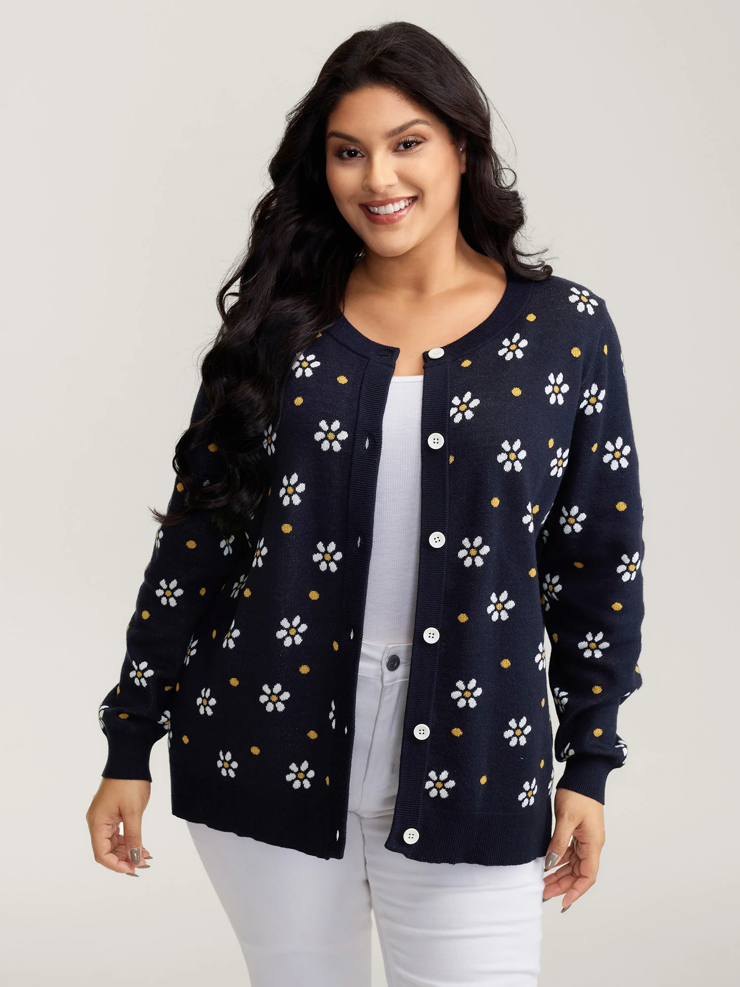 Floral Polka Dot Print Button Knit Cardigan