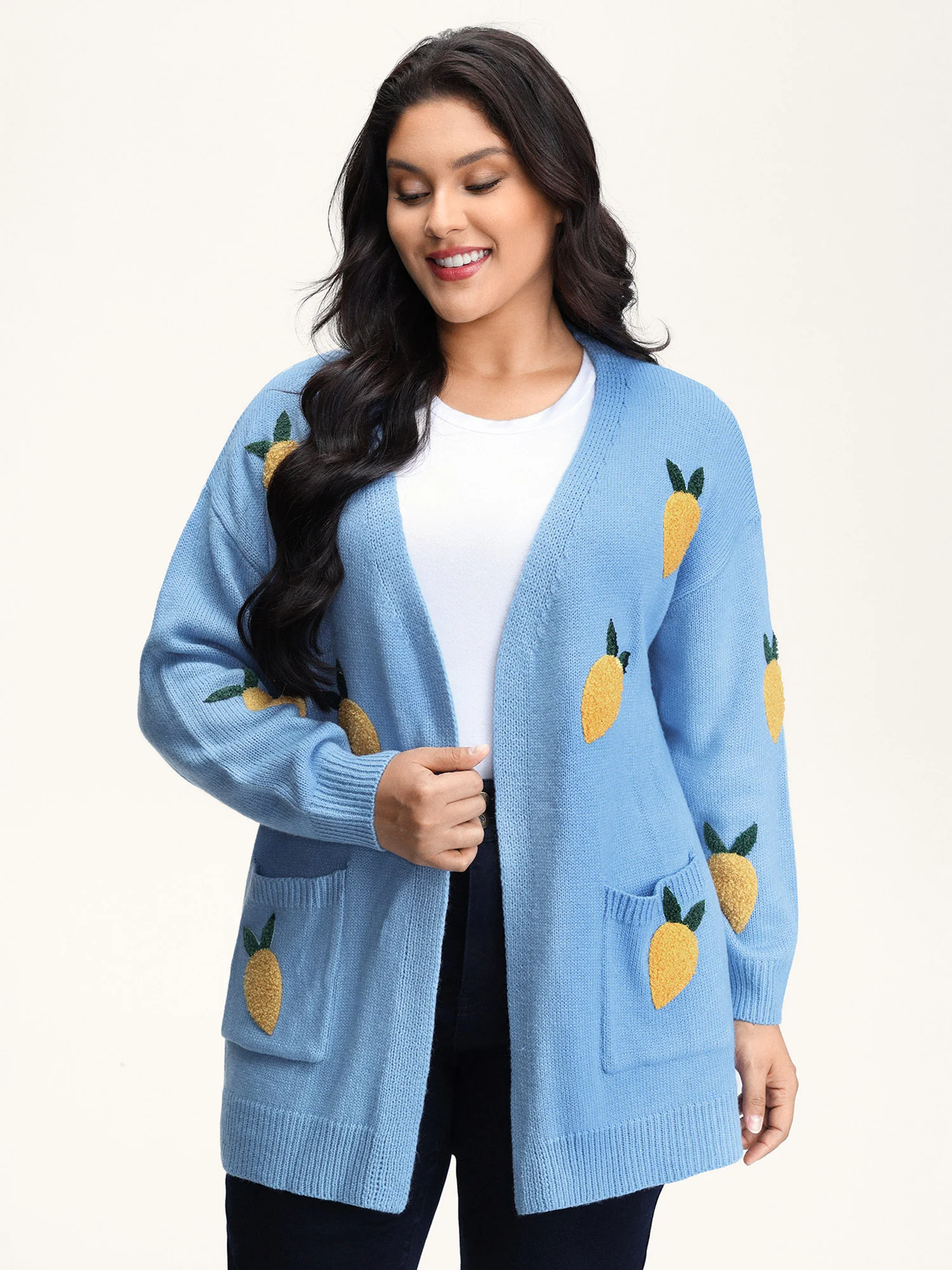 Lemon Embroidery V-Neck Pockets Knit Cardigan