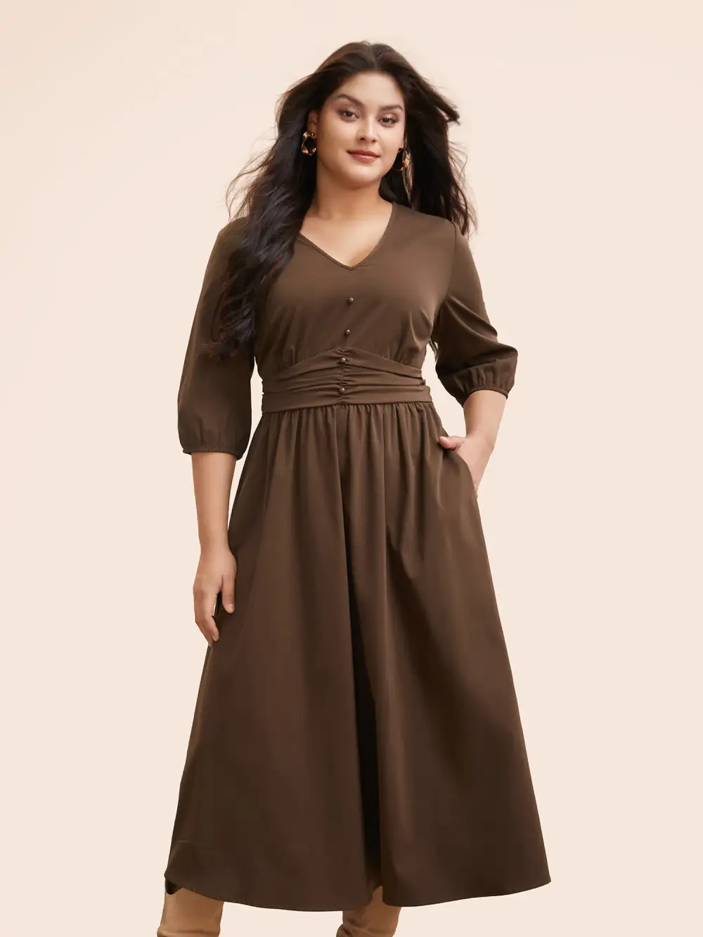 V Neck Shirred Ruched Midi Dress