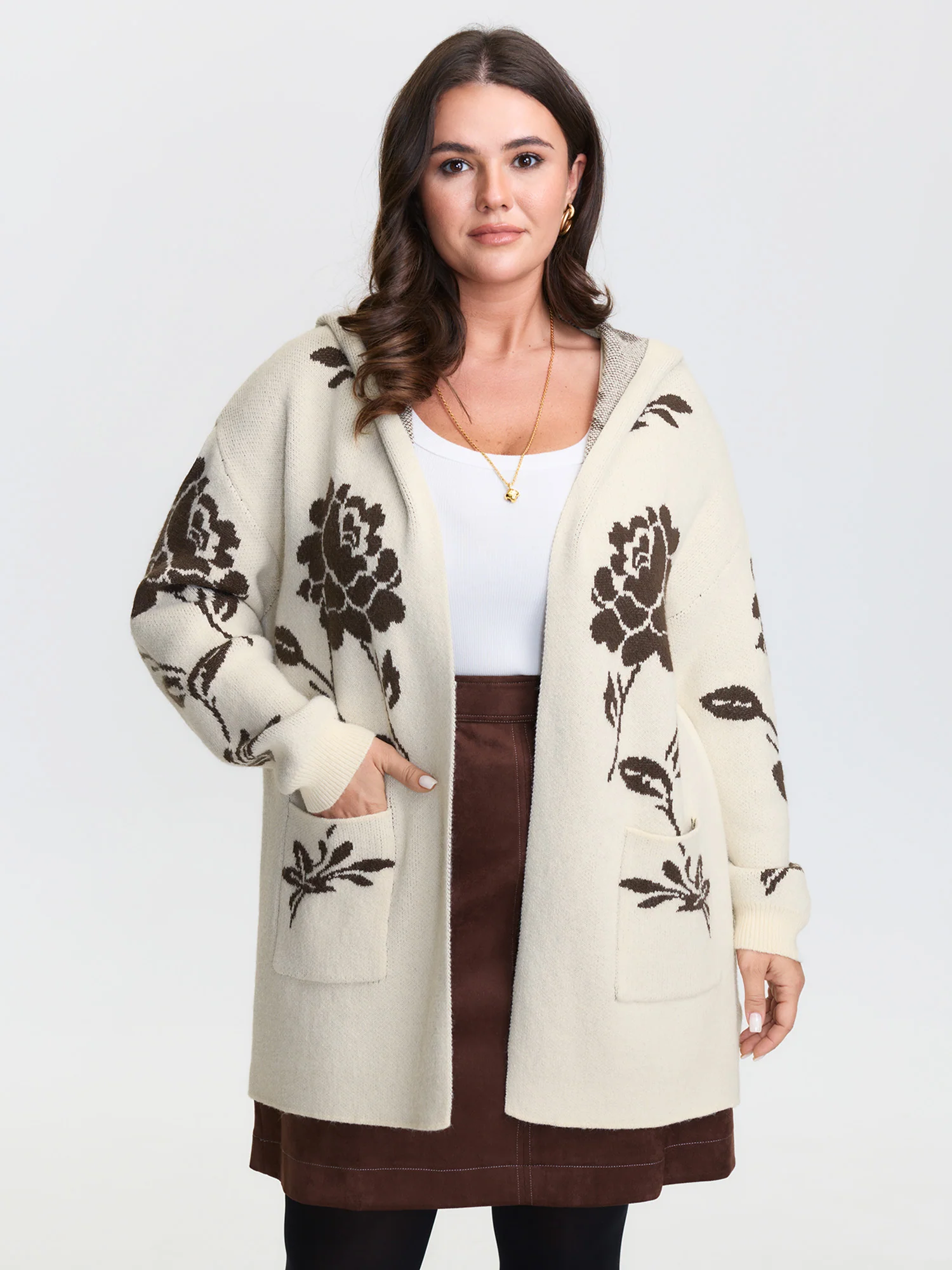 Floral Jacquard Hooded Contrast Knit Cardigan