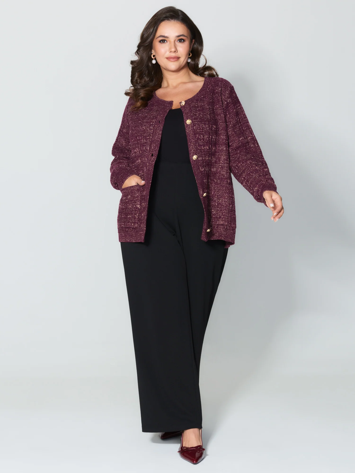 Textured Metallic Thread Button Knit Cardigan