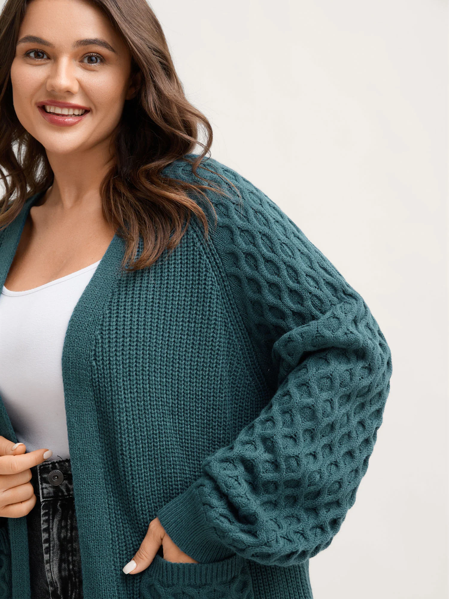 Textured Balloon Sleeve Pockets Knit Cardigan