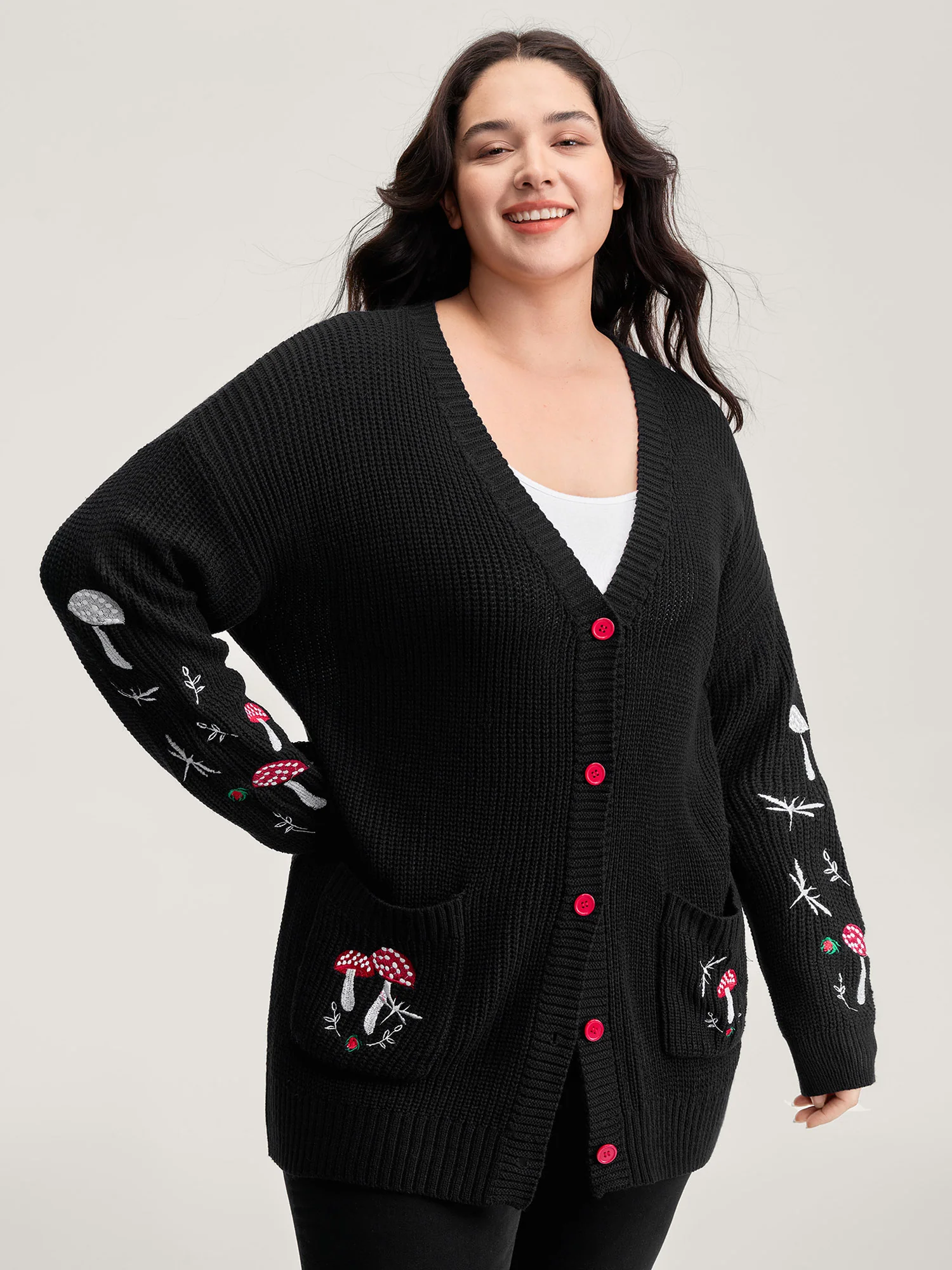 Mushroom Embroidery Textured Button Cardigan