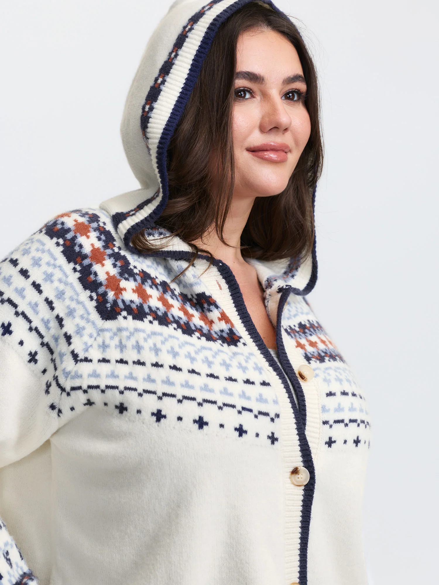 Hooded Jacquard Pattern Button Knit Cardigan