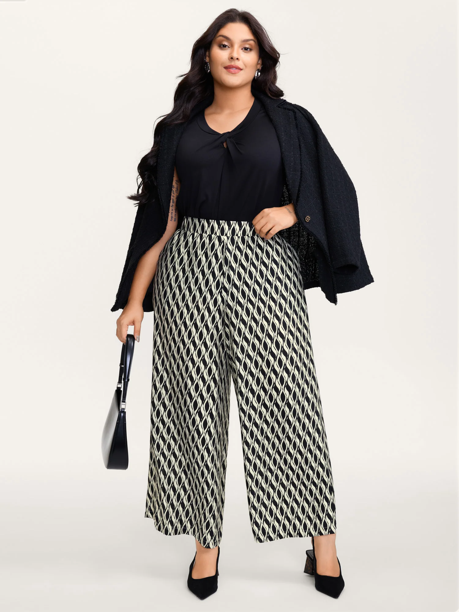 Geometric Print Stretchy Waist Wide-Leg Pants