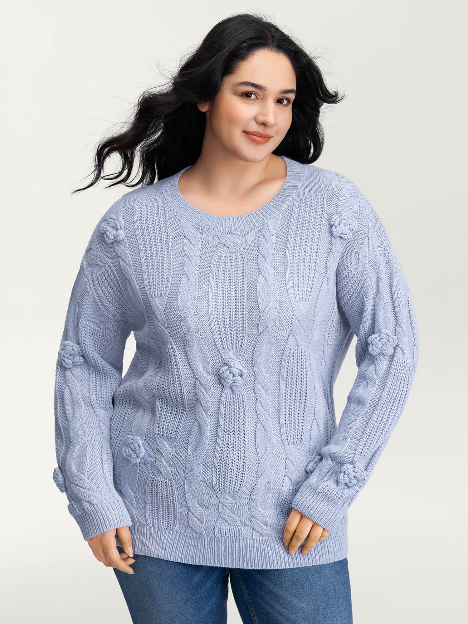 Twisted Texture Hand-Hooked Flowers Pullover