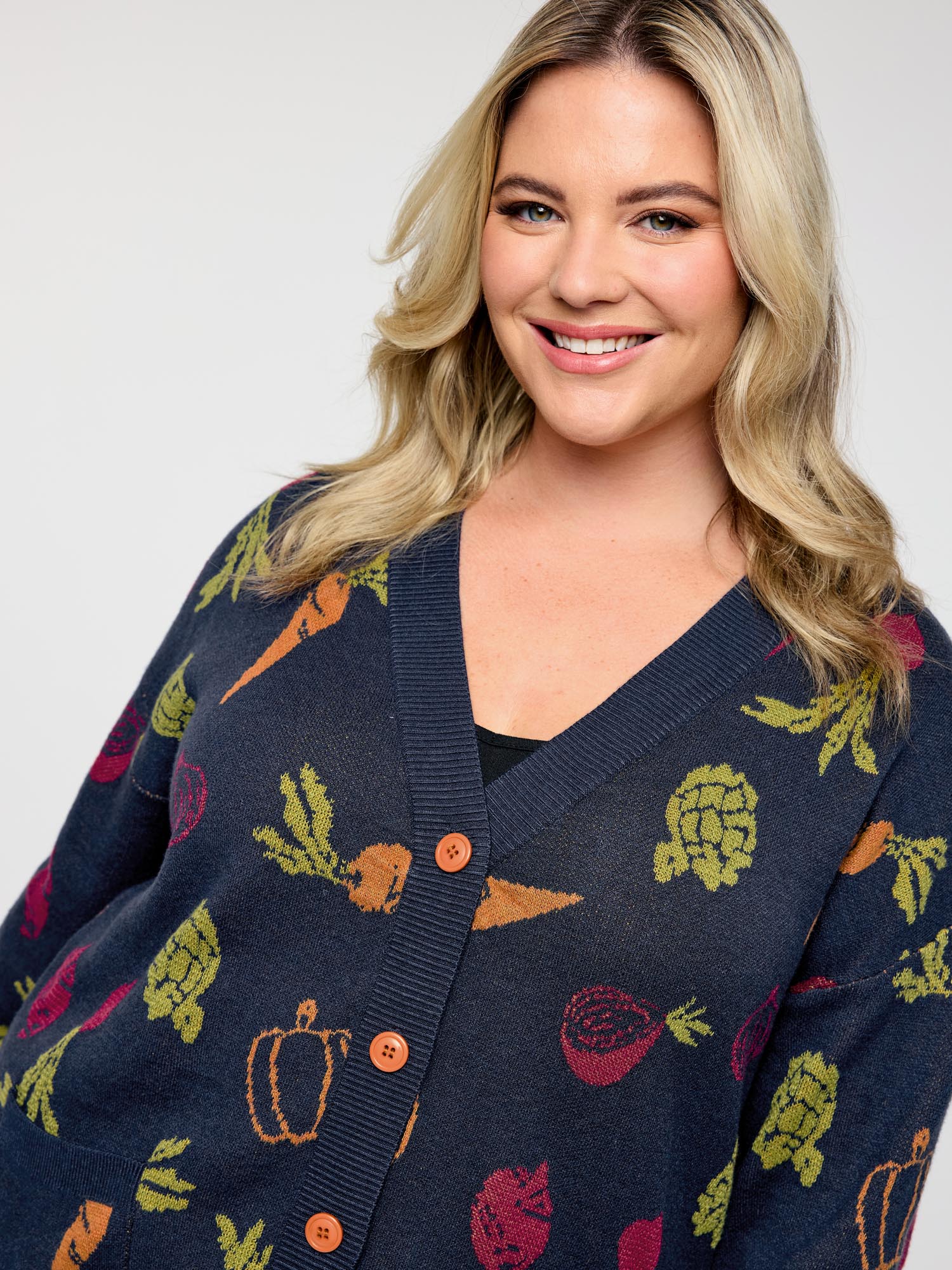 Vegetable Print Buttons Colorful Knit Cardigan