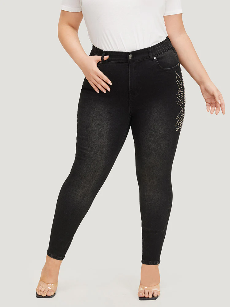 Beaded Detail Pocket Very Stretchy Black Wash Jeans