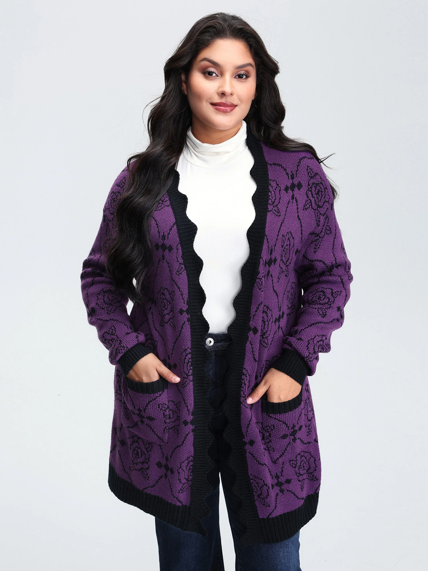 Floral Pattern Scalloped Collar Knit Cardigan