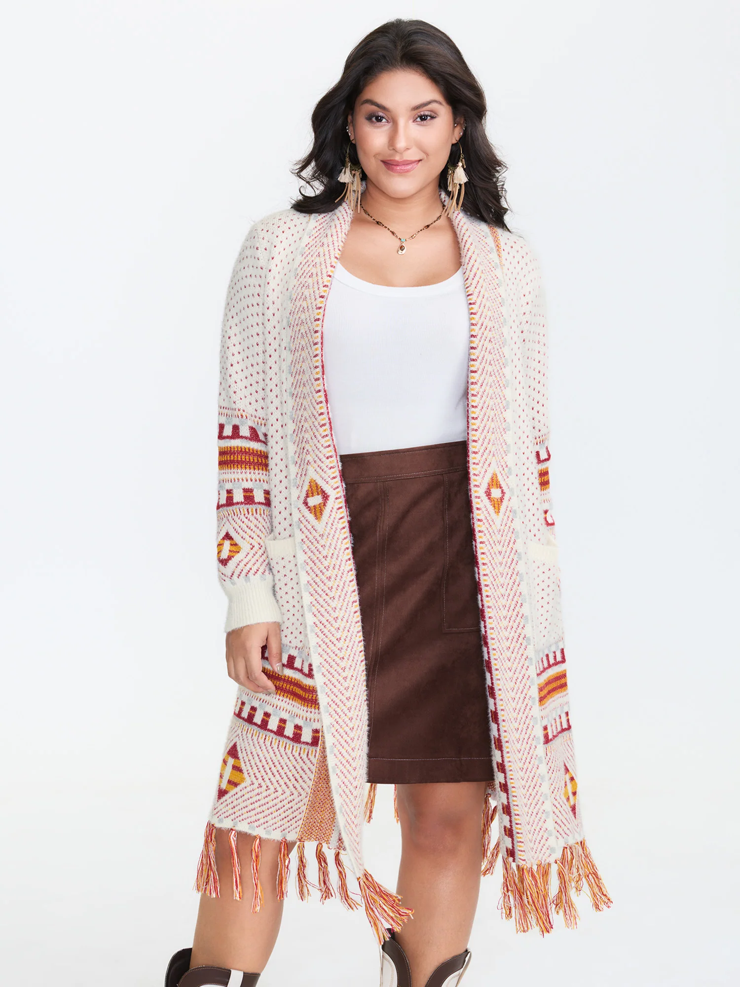 Boho Pattern Tassels Fluffy Texture Knit Cardigan