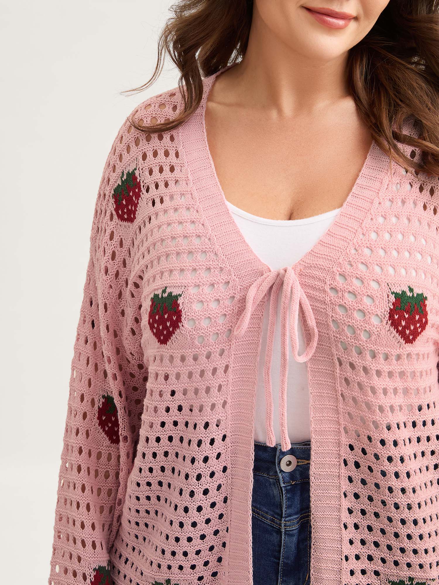 Strawberry Jacquard Embroidery Tie Knit Cardigan