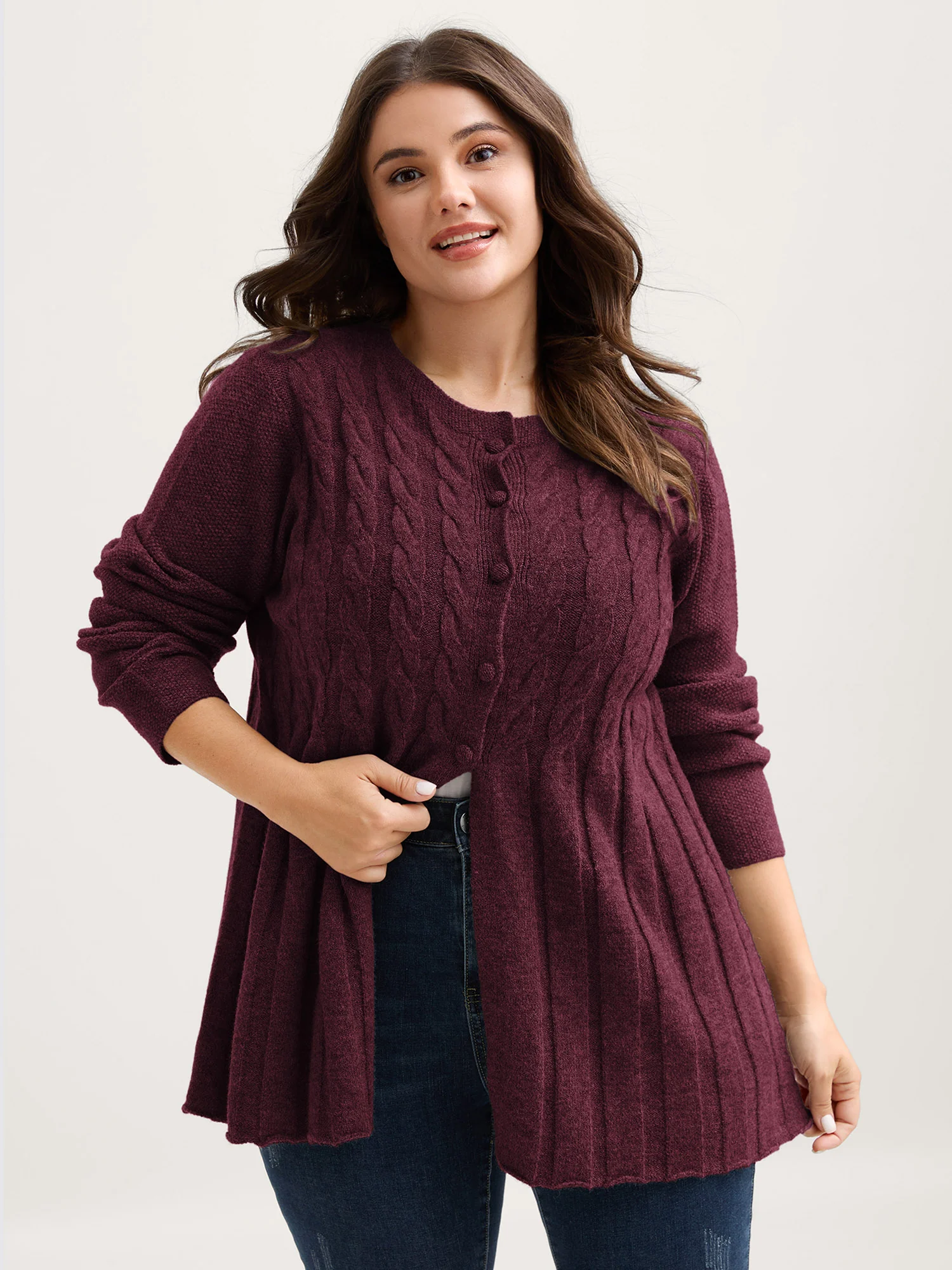 Cable Knit Round Neck Button Knit Cardigan