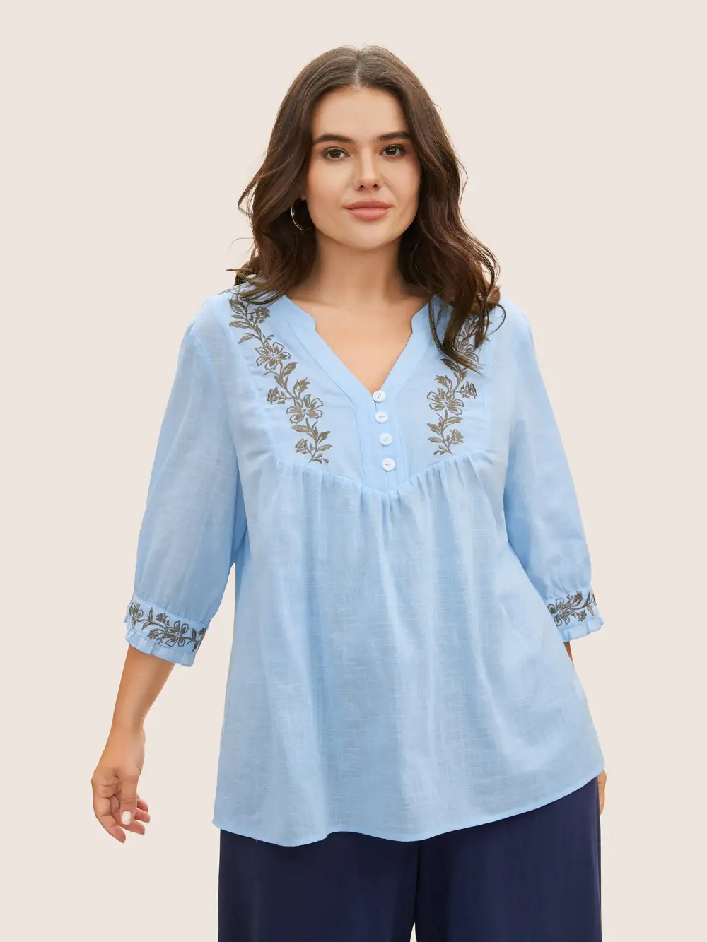 Cotton Floral Embroidered Notched Collar Frill Trim Blouse