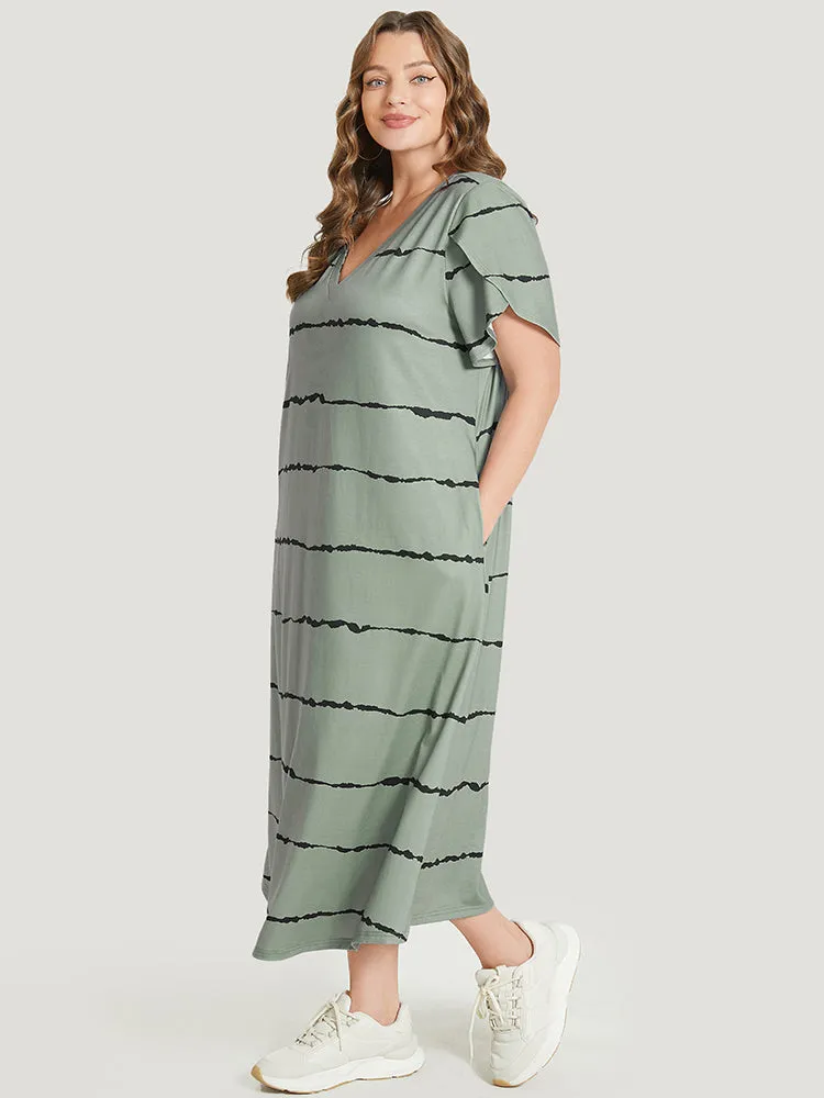 Striped Print Petal Sleeve Pocket Split Hem Dress