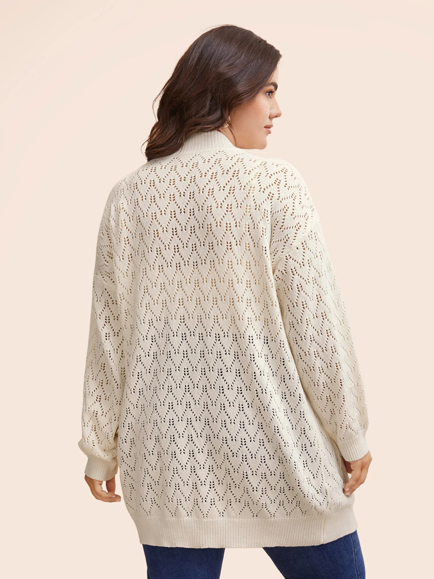 Kimono Collar Patch Pocket Pointelle Knit Cardigan