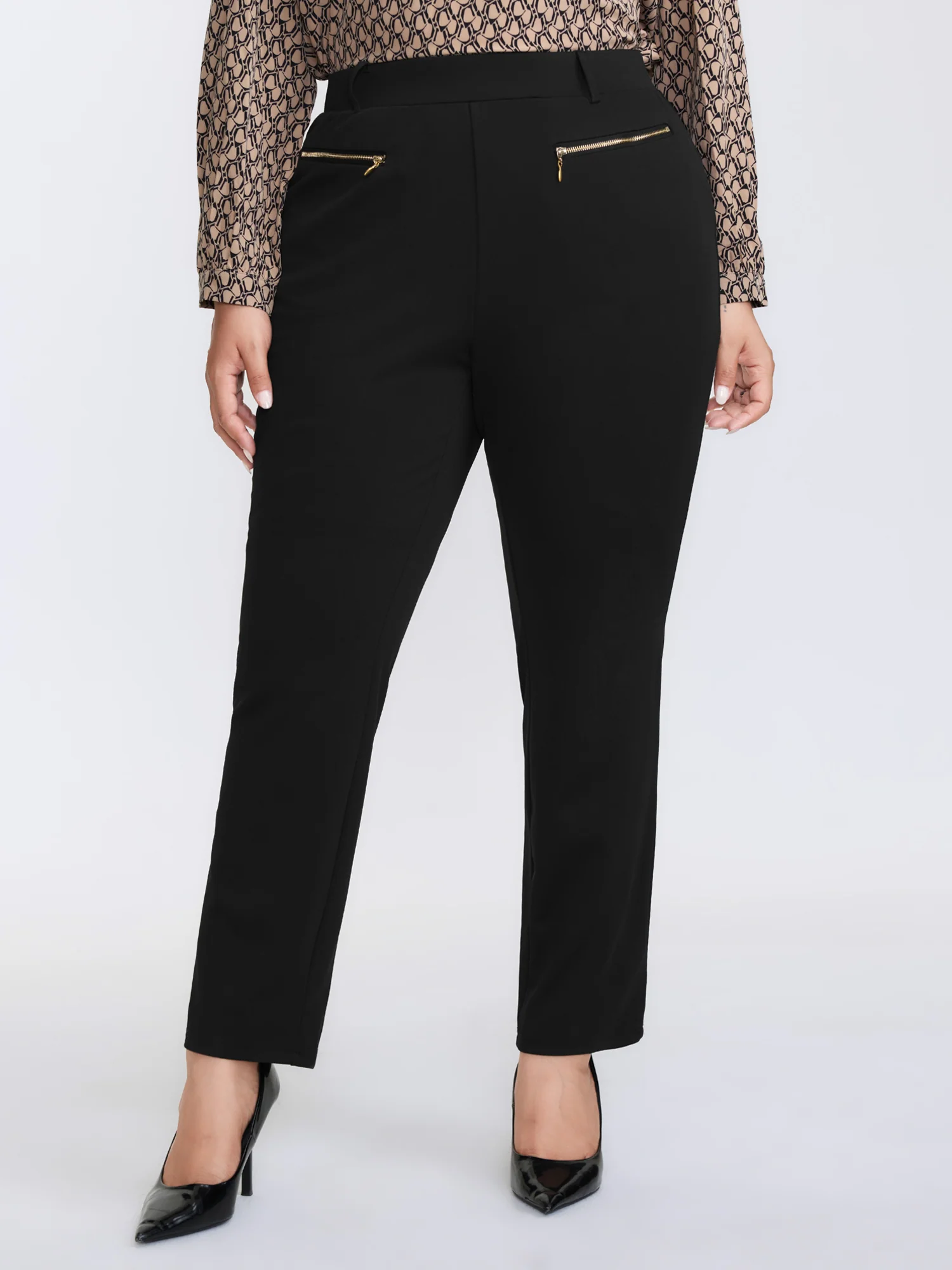 Zipper Front Pockets Straight-Leg Pants