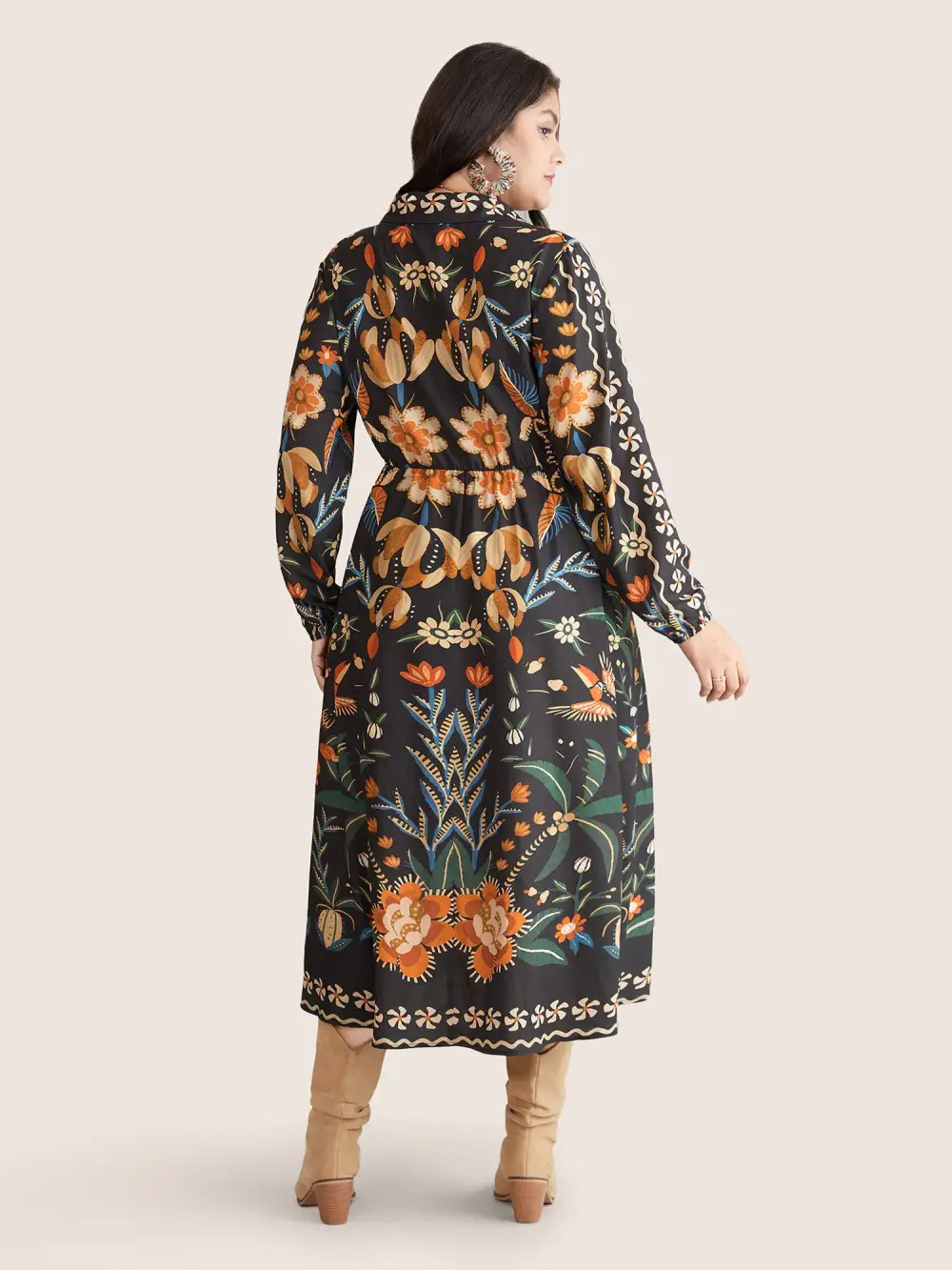 Bandana Print Pocket Lapel Collar Elastic Cuffs Dress