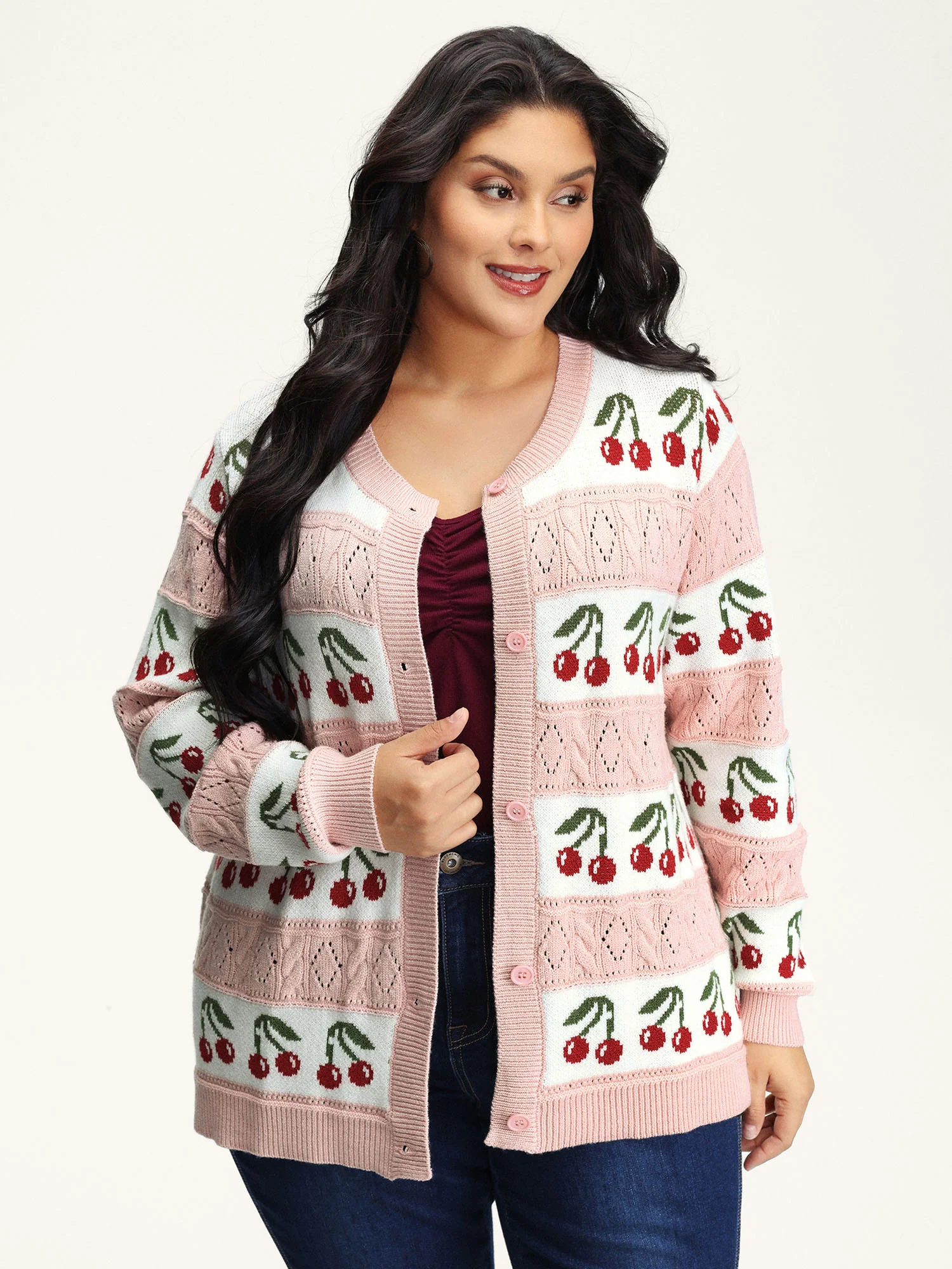 Cherry Jacquard Print Button Knit Cardigan