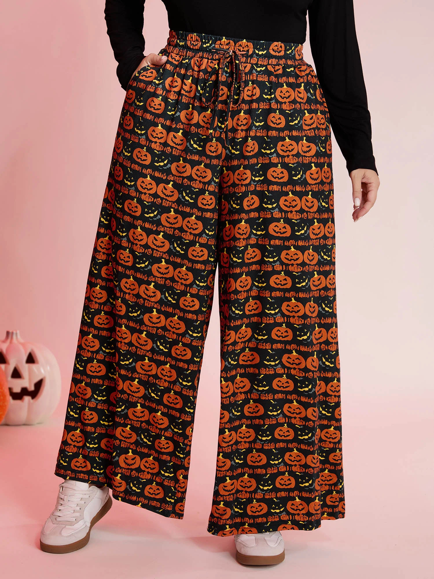 Spooky Pumpkin Elastic Waistband Wide-Leg Pants