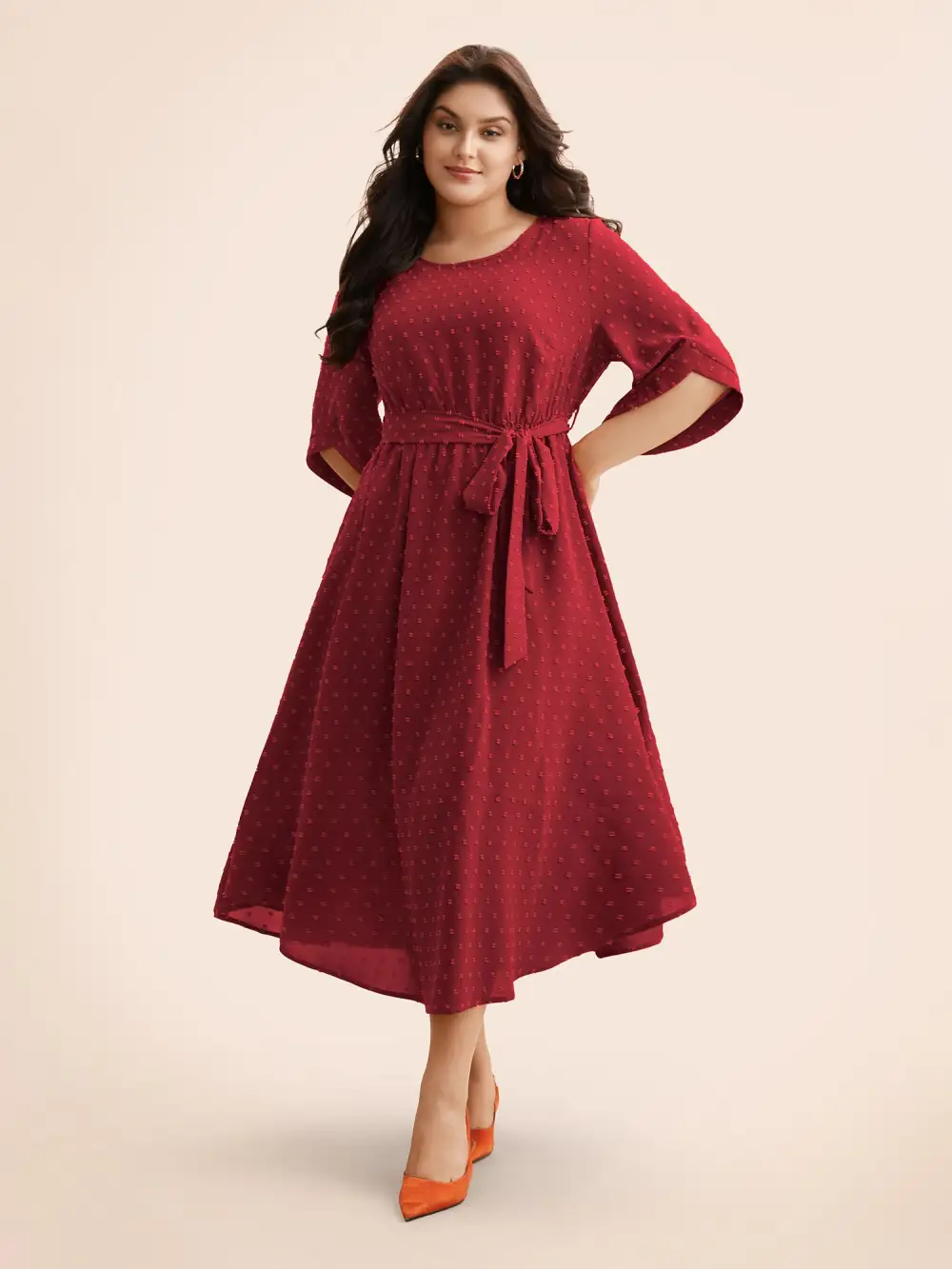 Textured Bell Sleeve Belted Arc Hem Dress