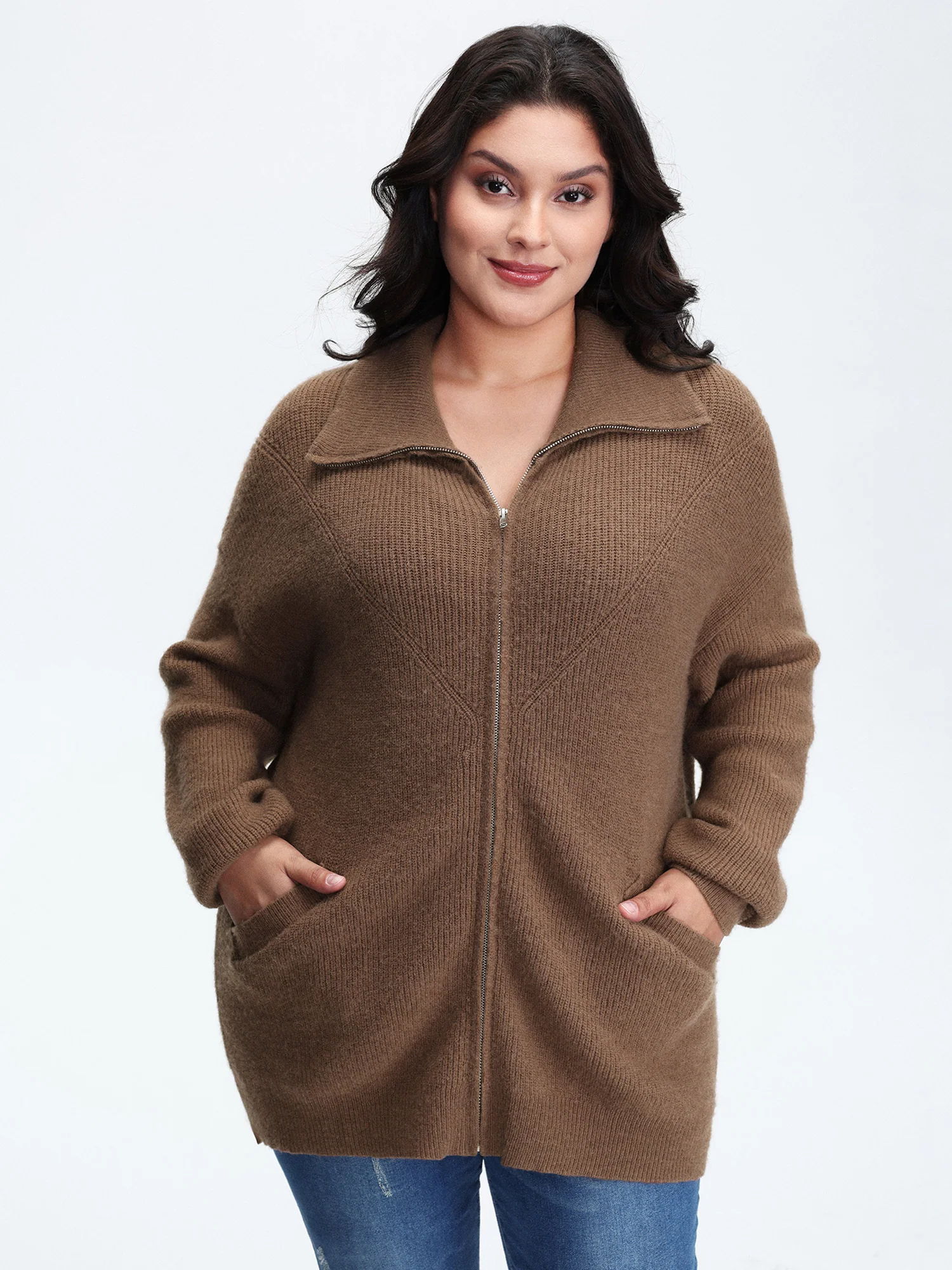 Textured Slant Pockets Zipper-Front Knit Cardigan