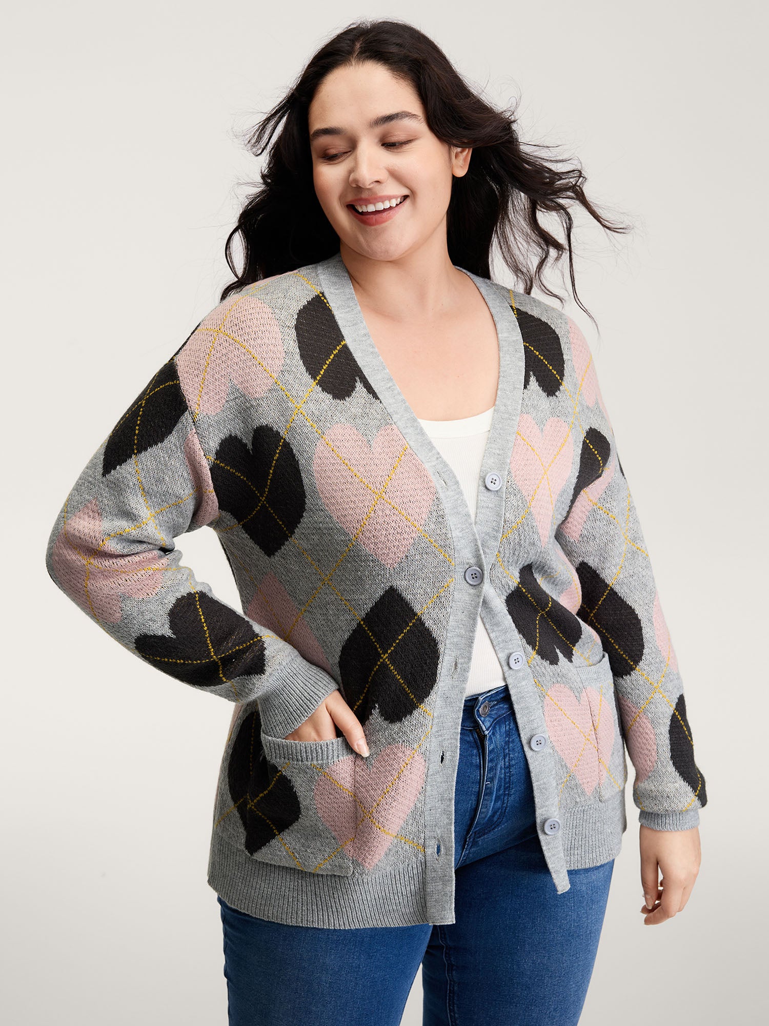 Cozy Hearts Jacquard Pattern Pockets Knit Cardigan