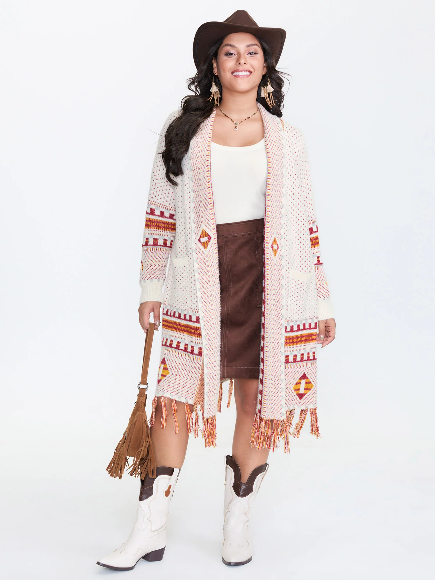 Boho Pattern Tassels Fluffy Texture Knit Cardigan
