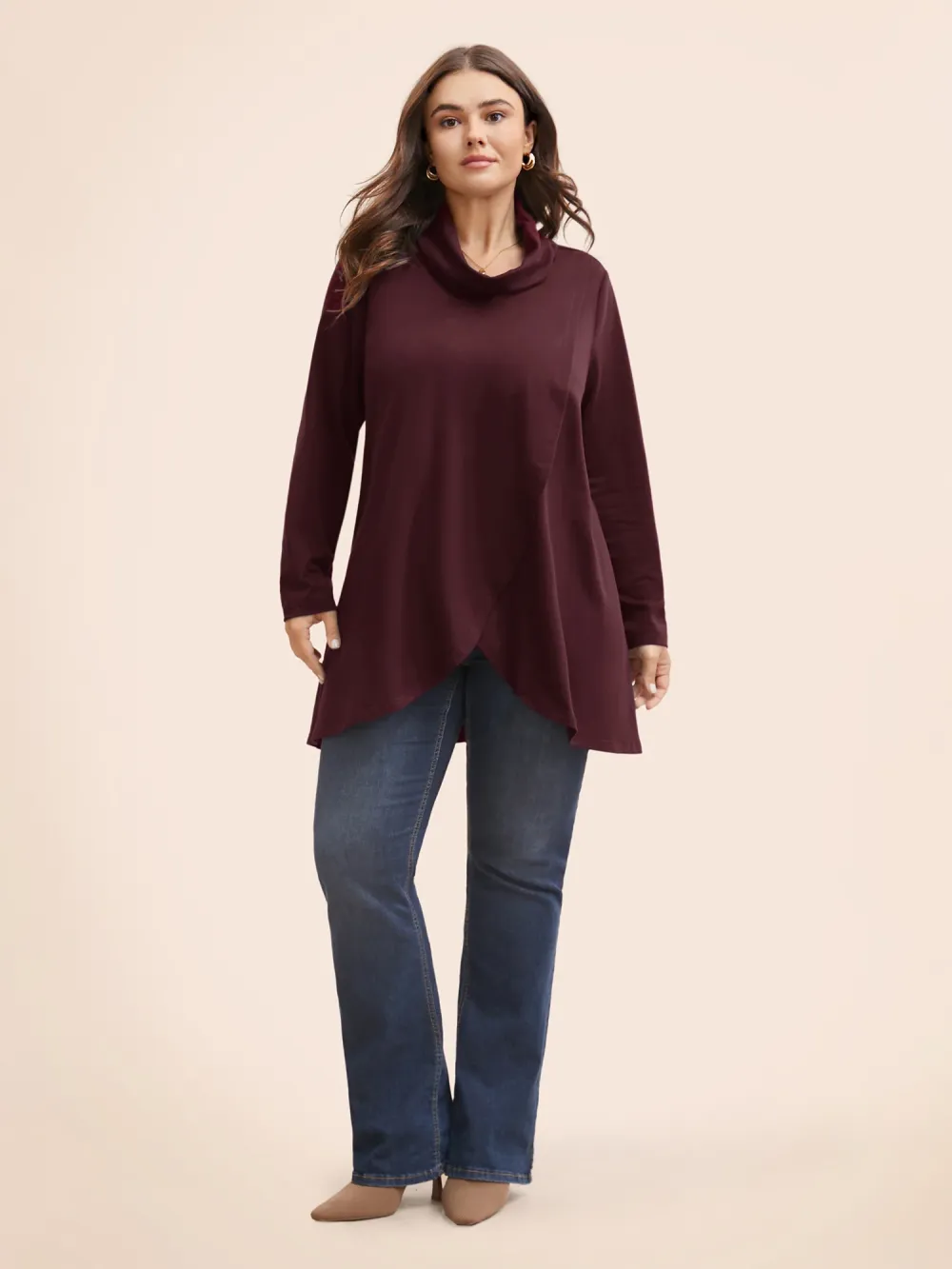 Plain Wrap Hem Turtleneck Sweatshirt