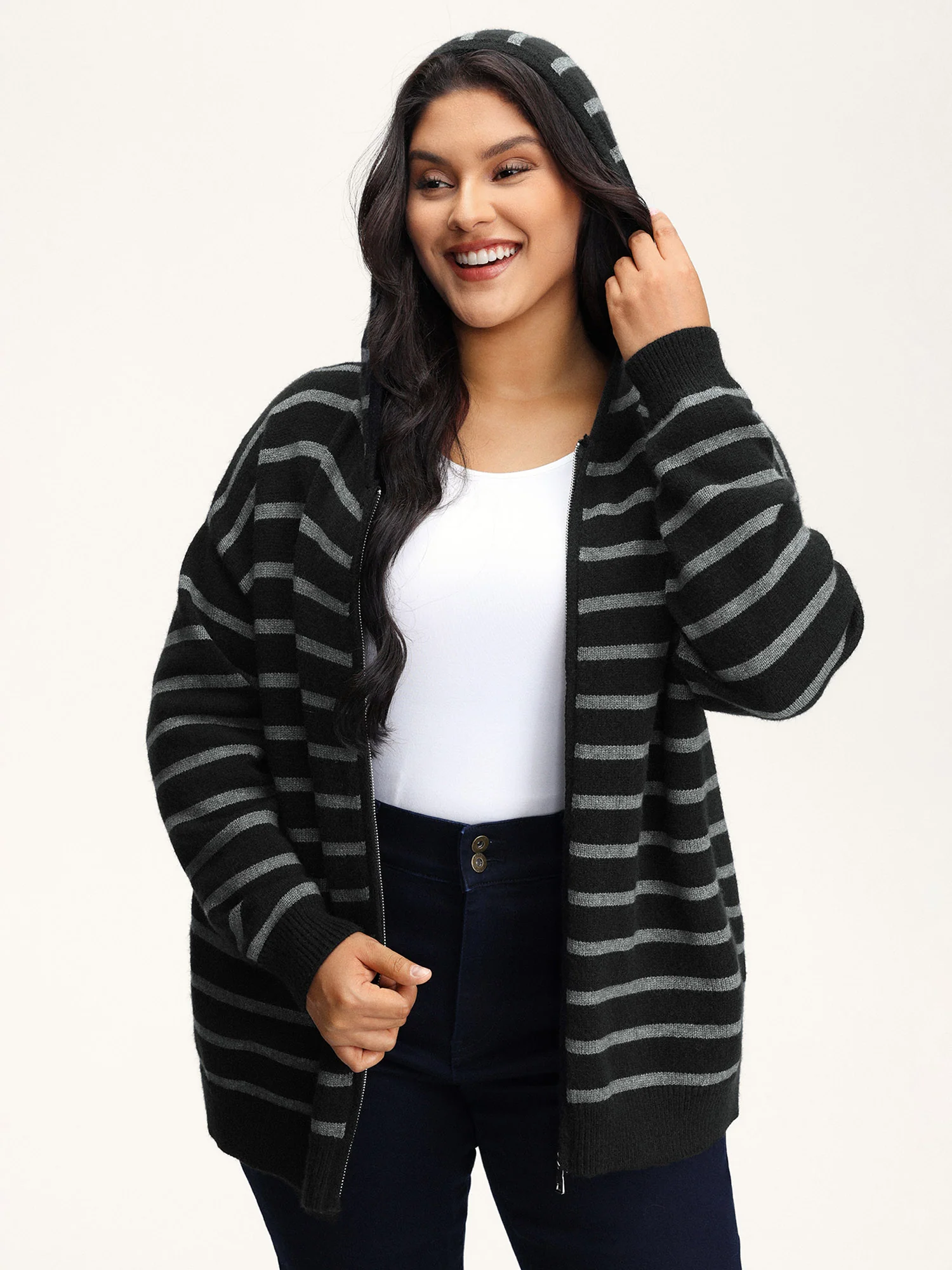 Supersoft Stripe Hooded Zipper Pockets Knit Cardigan
