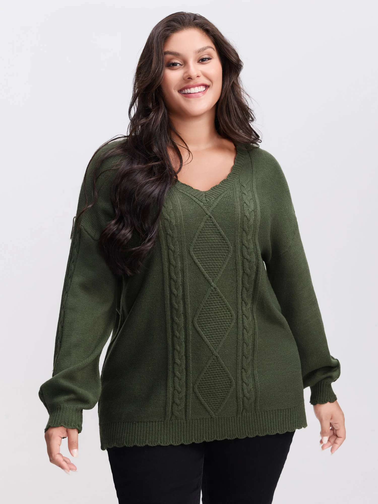 CableKnit Balloon Sleeve V-Neck Pullover