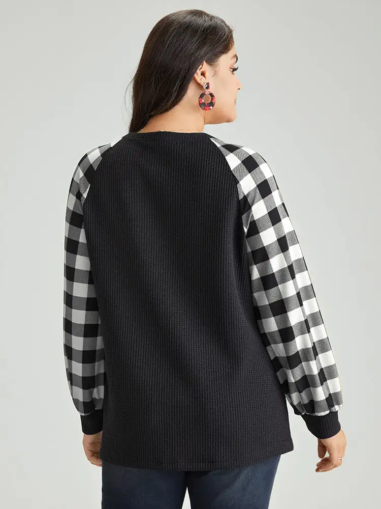 Waffle Knit Plaid Patchwork Raglan Sleeve T-Shirt
