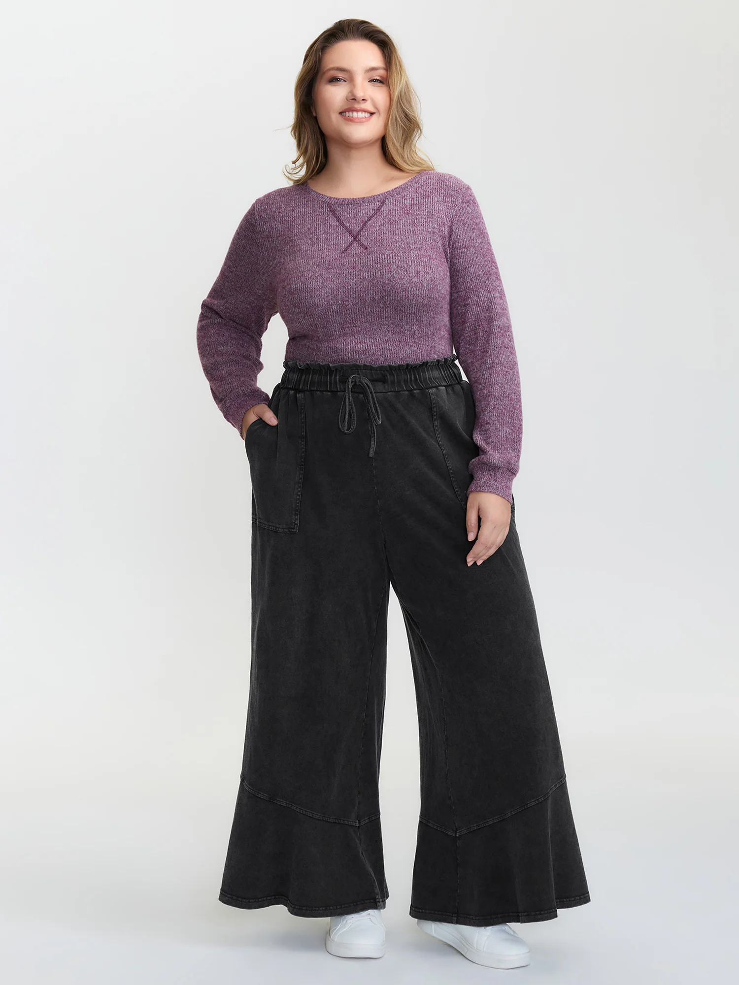 Retro Wash Ruffled Hem Wide-Leg Pants