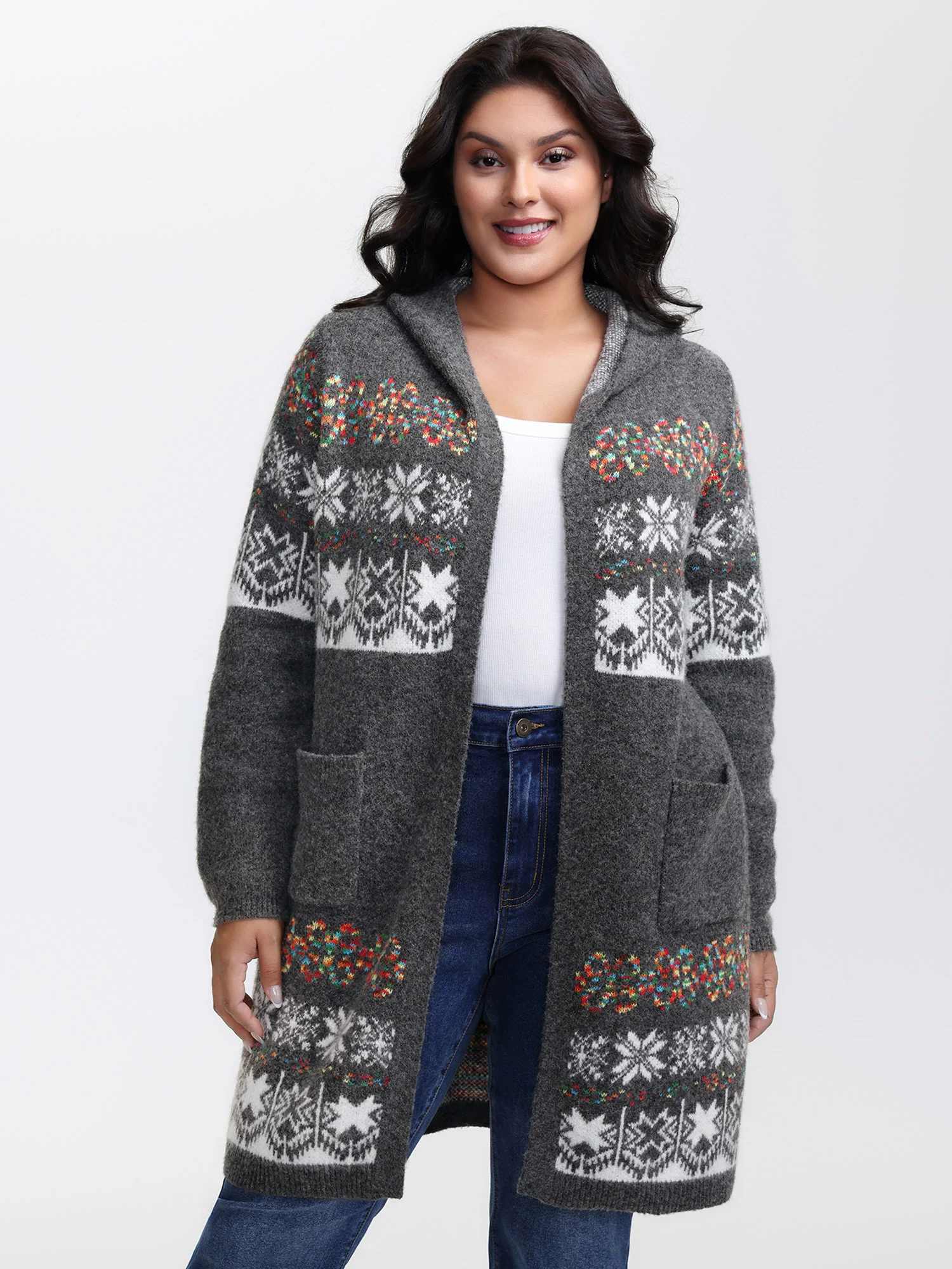 Boho Print Jacquard Hooded Knit Cardigan