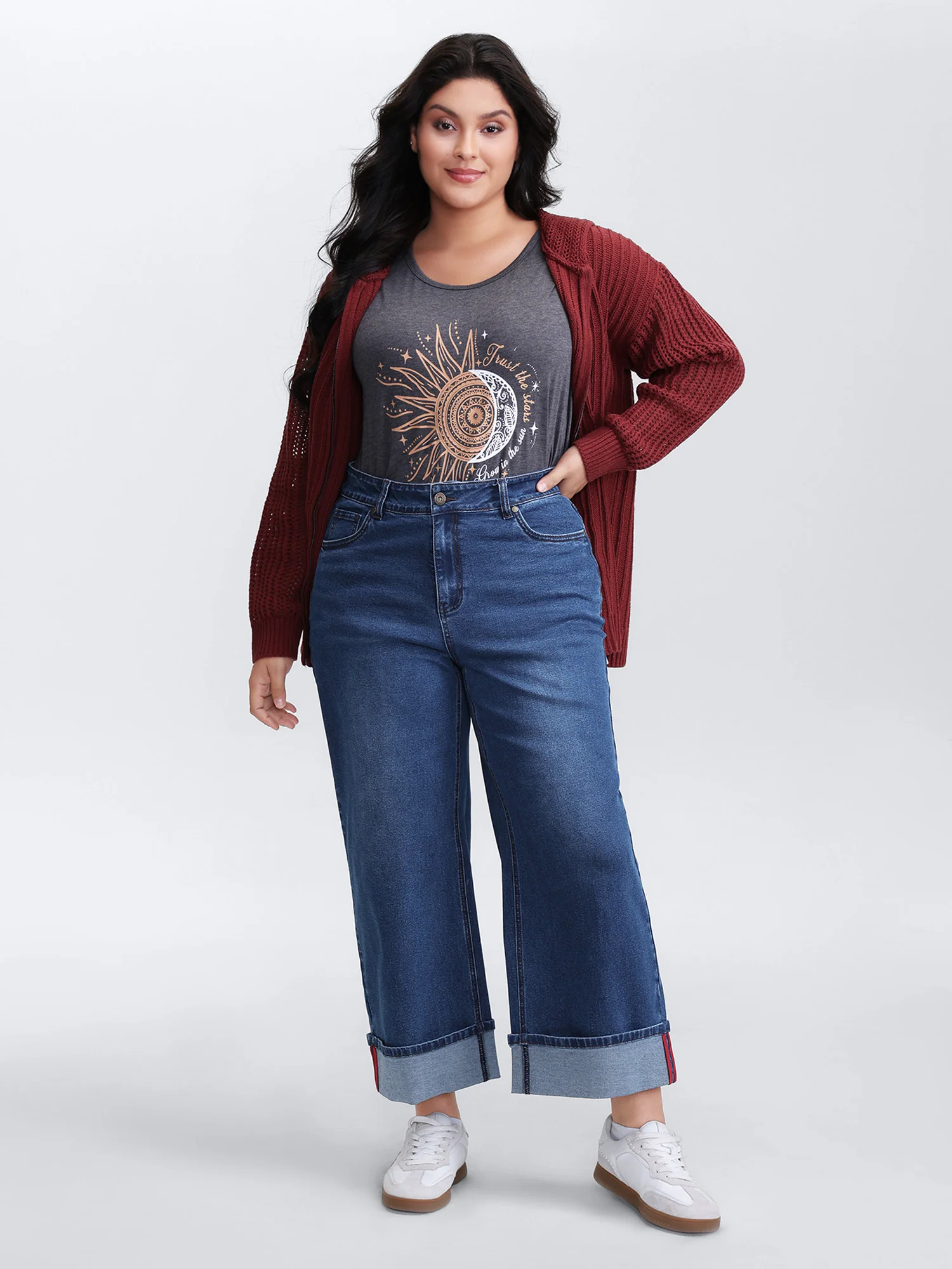 Rolled Cuffs Webbed Wide-Leg Jeans