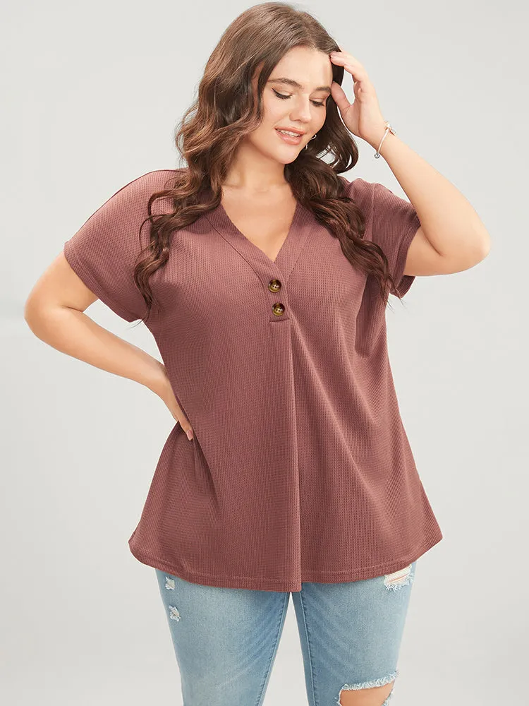 Solid Dolman Sleeve Button Detail Waffle Knit T-shirt