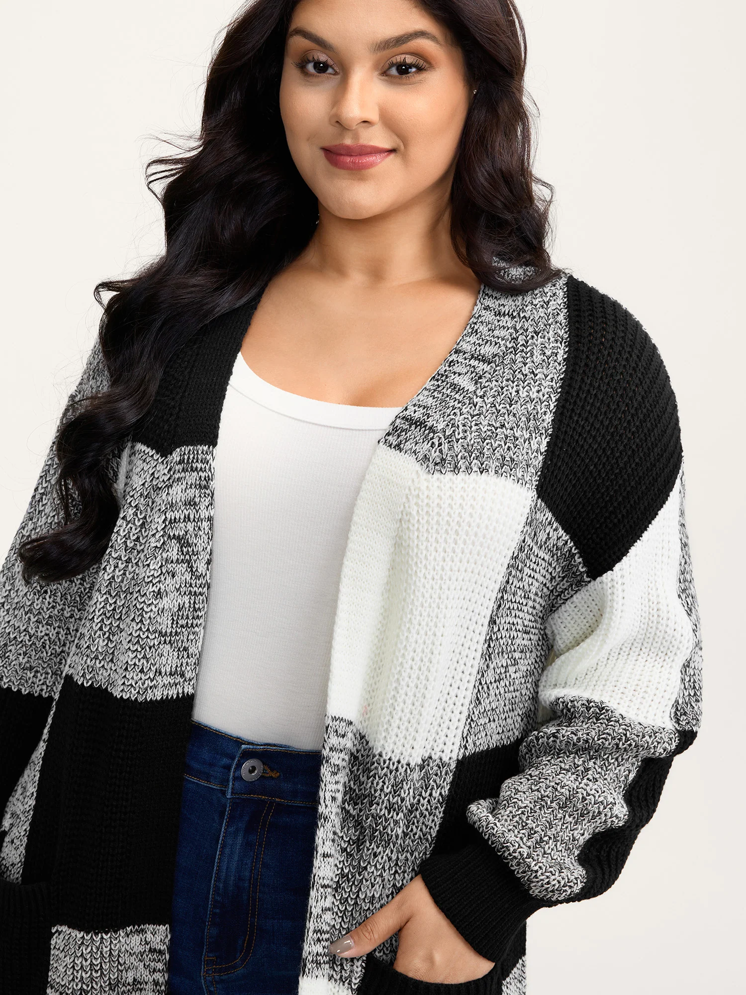 Checkered Heather Textured Open-Front Cardigan