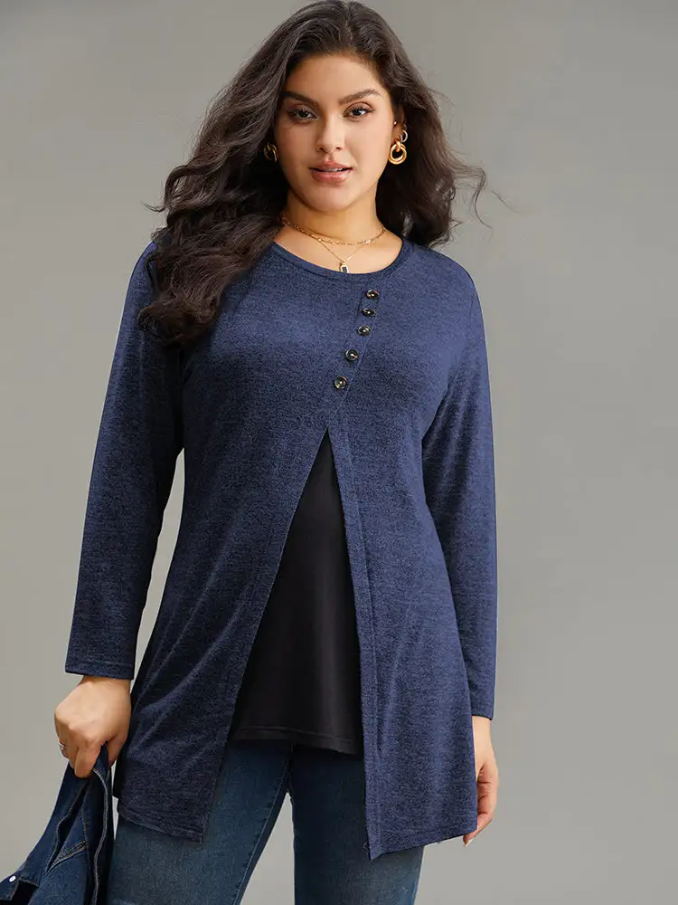 Contrast Patchwork Crew Neck Button Detail T-Shirt