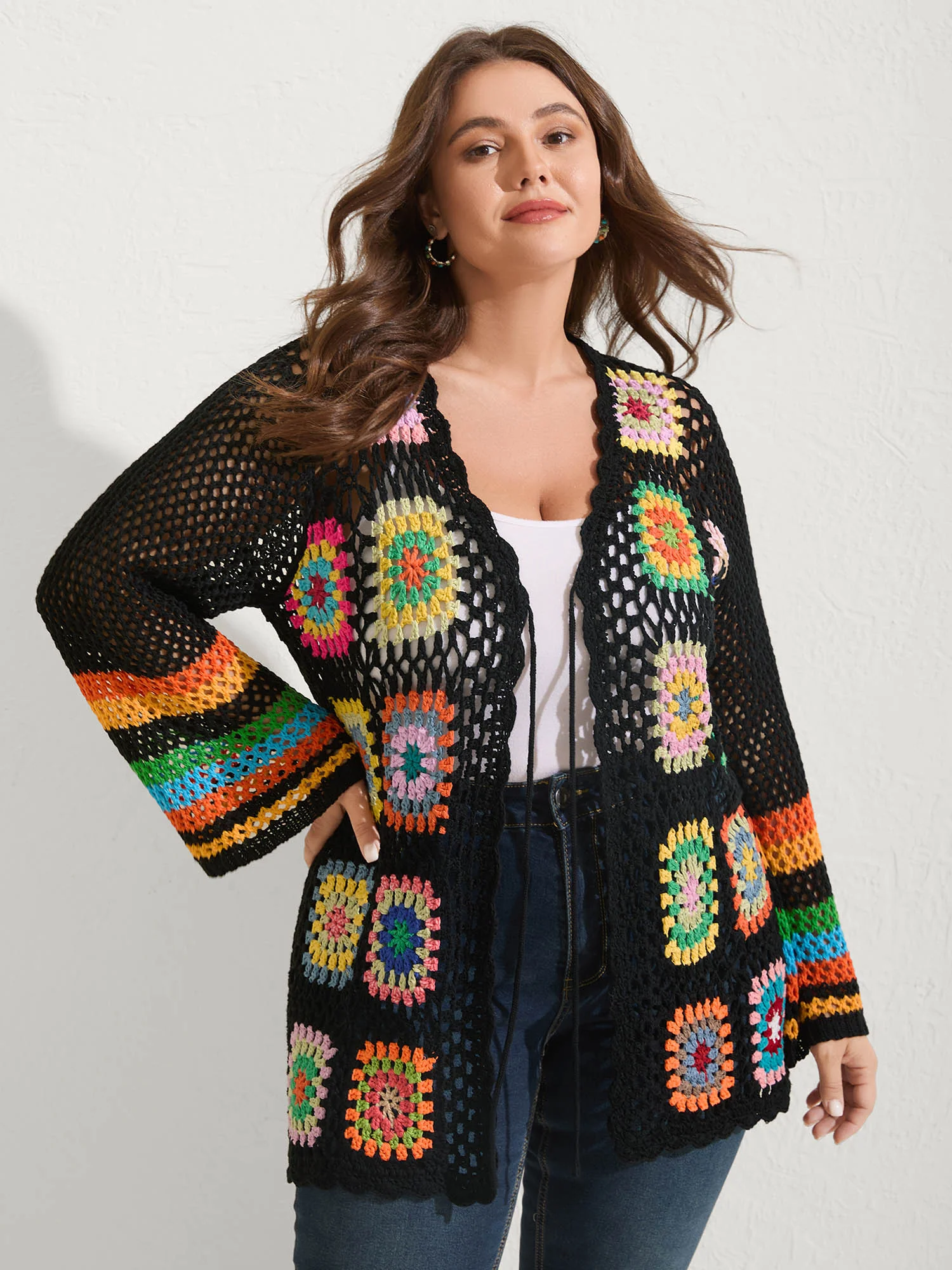 Colorful Floral Crochet Tie Knit Cardigan