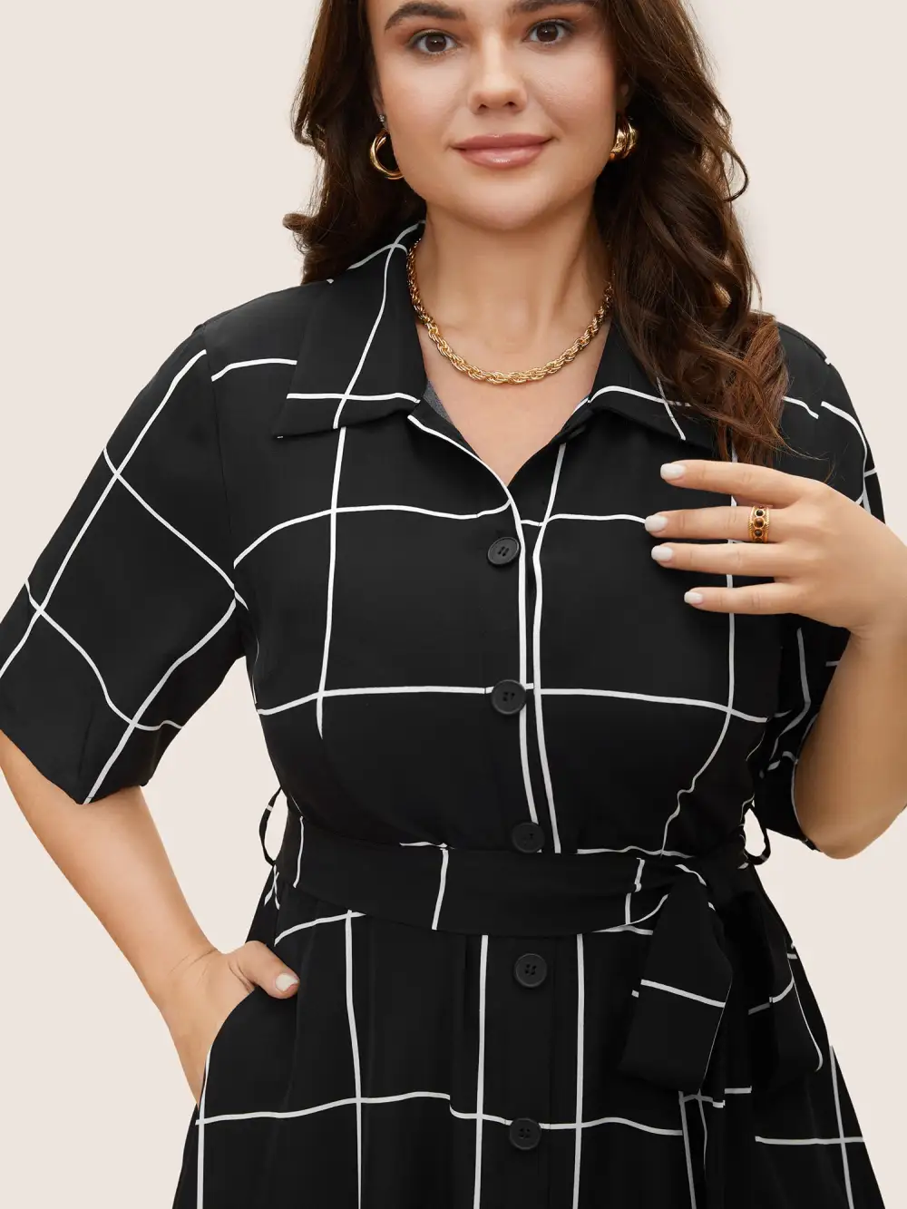 Plaid Shirt Collar Button Detail Belted Dress