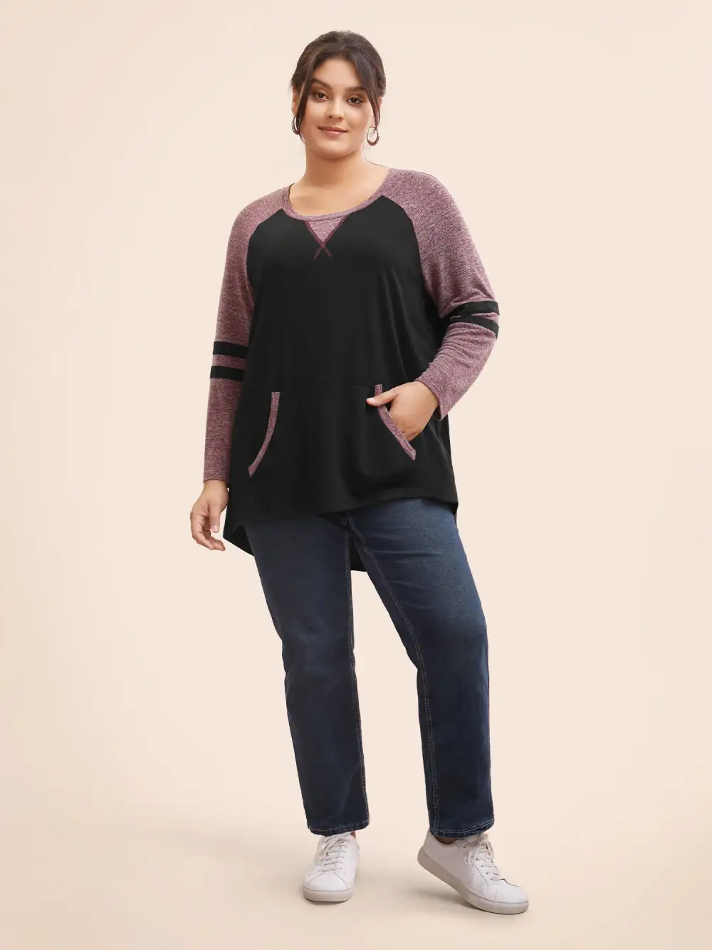 Striped Contrast Pocket Raglan Sleeve High Low Hem Sweatshirt