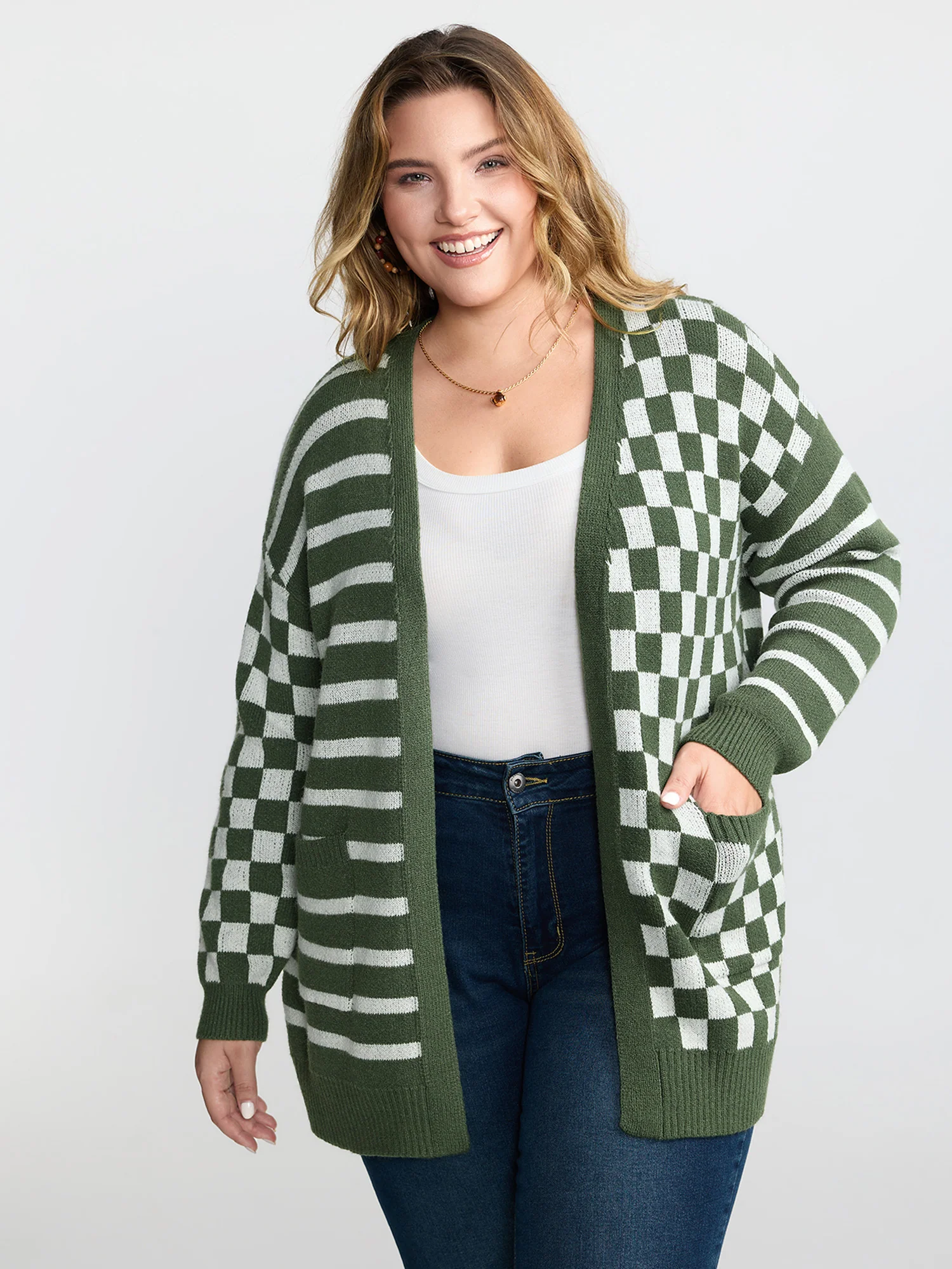 Supersoft Stripe Checkered Pockets Knit Cardigan