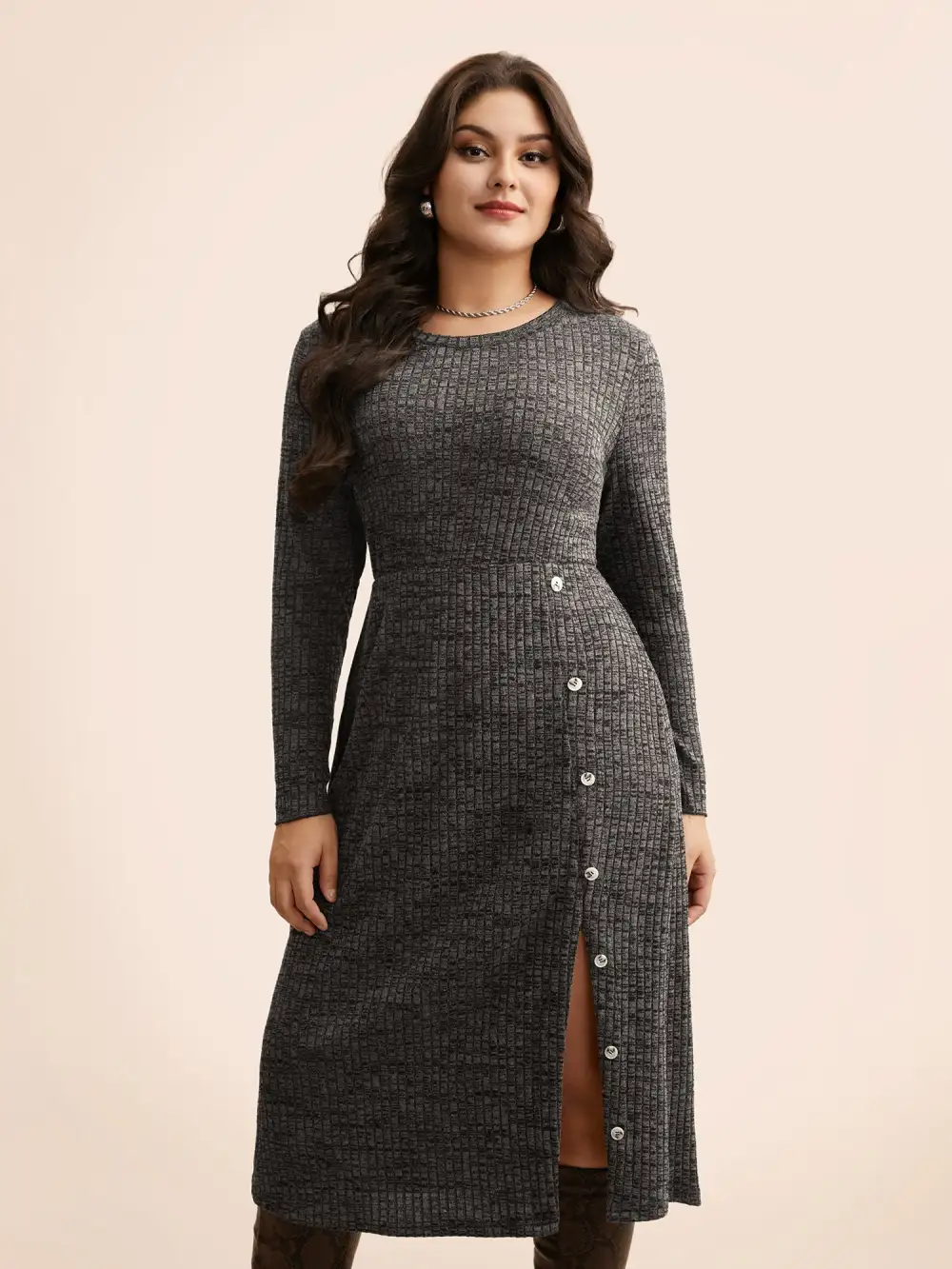 Crew Neck Button Detail Split Hem Dress