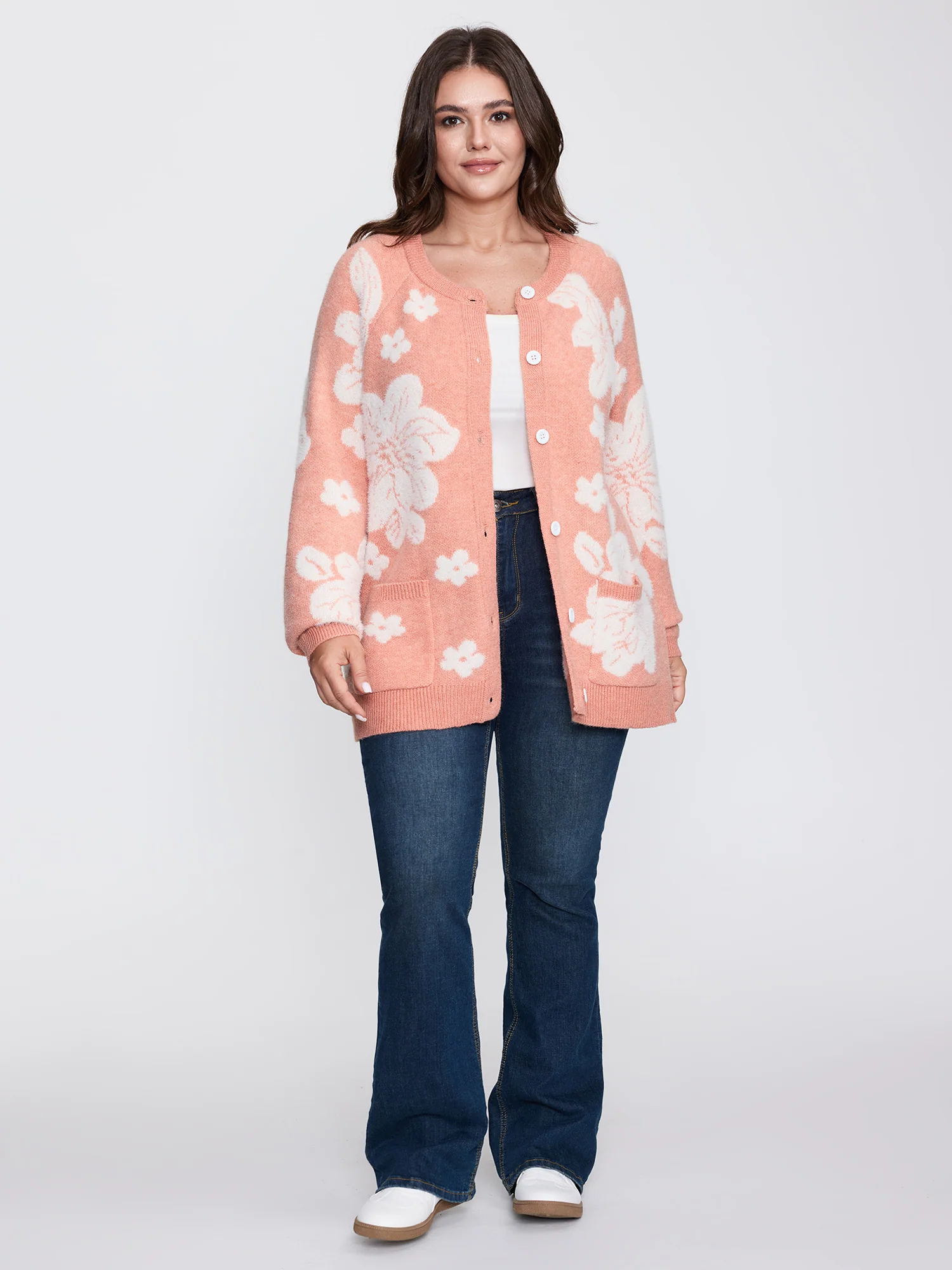 Supersoft Floral Pattern Round Neck Stretchy Knit Cardigan