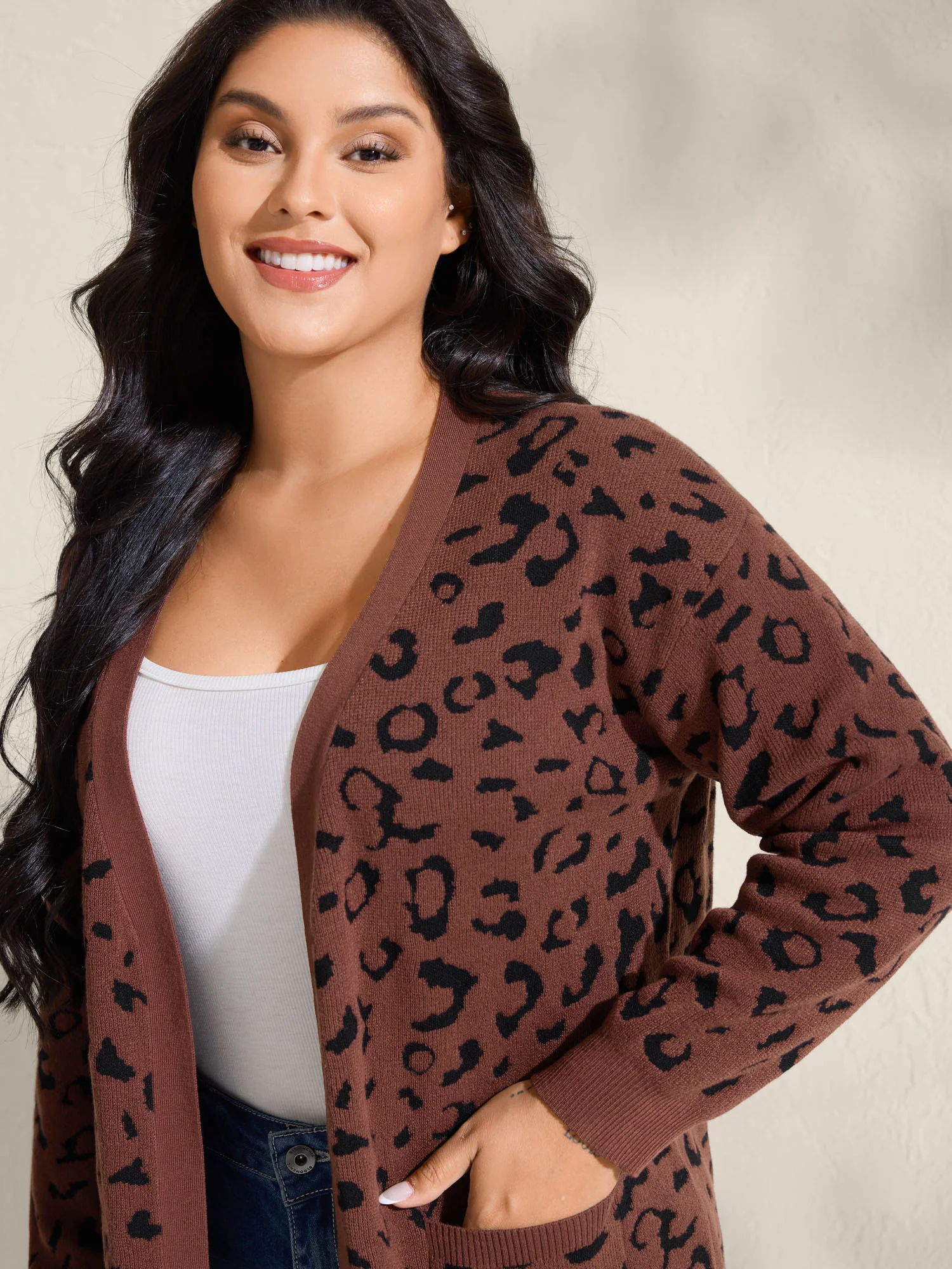 Leopard Print Patch Pockets Front-Open Cardigan