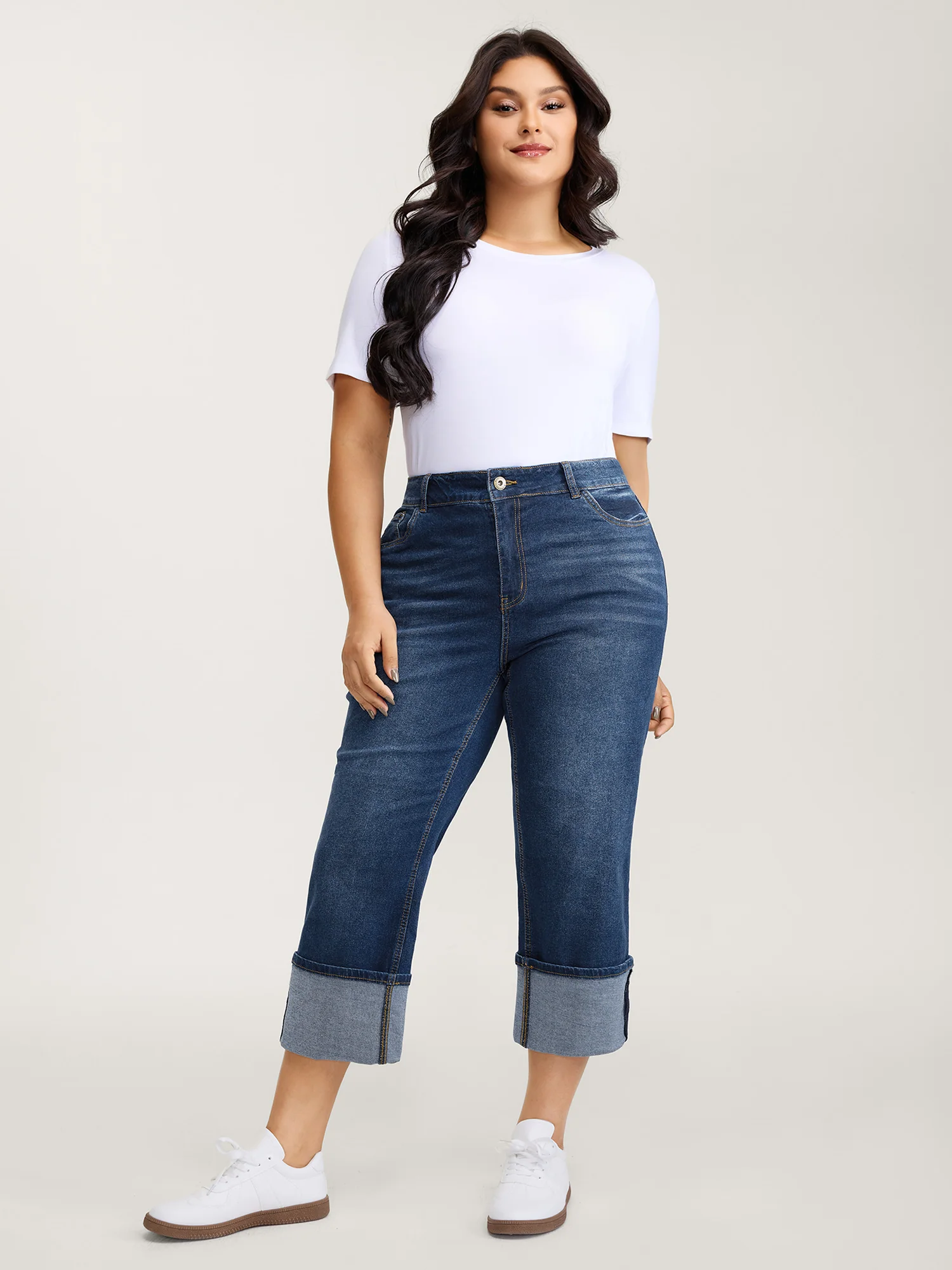 Stretch Rolled Hem Straight-Leg Jeans